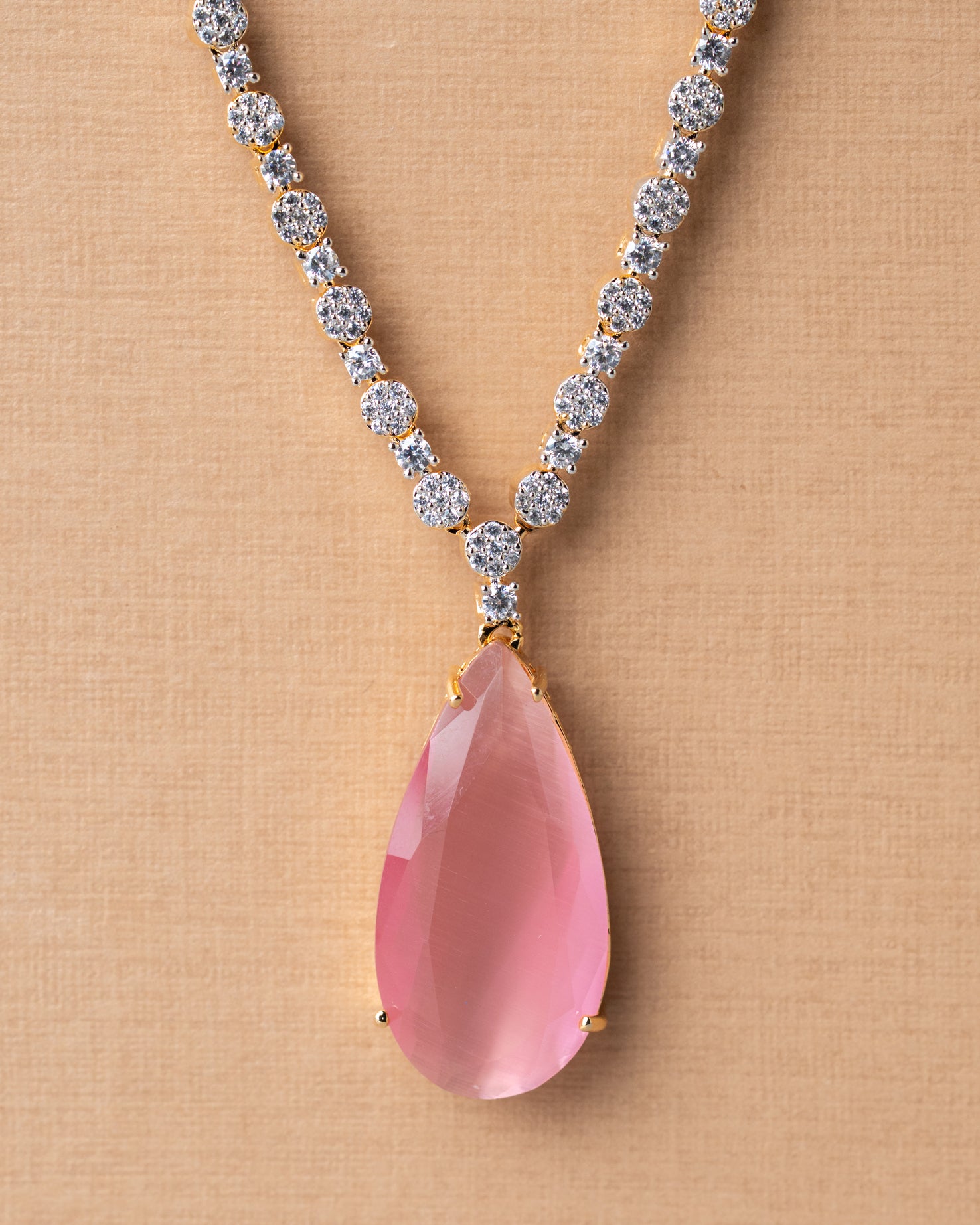 Classic Gold-Toned AD Solitaire Necklace Set | Choice of Emerald Green or Blush Pink Quartz