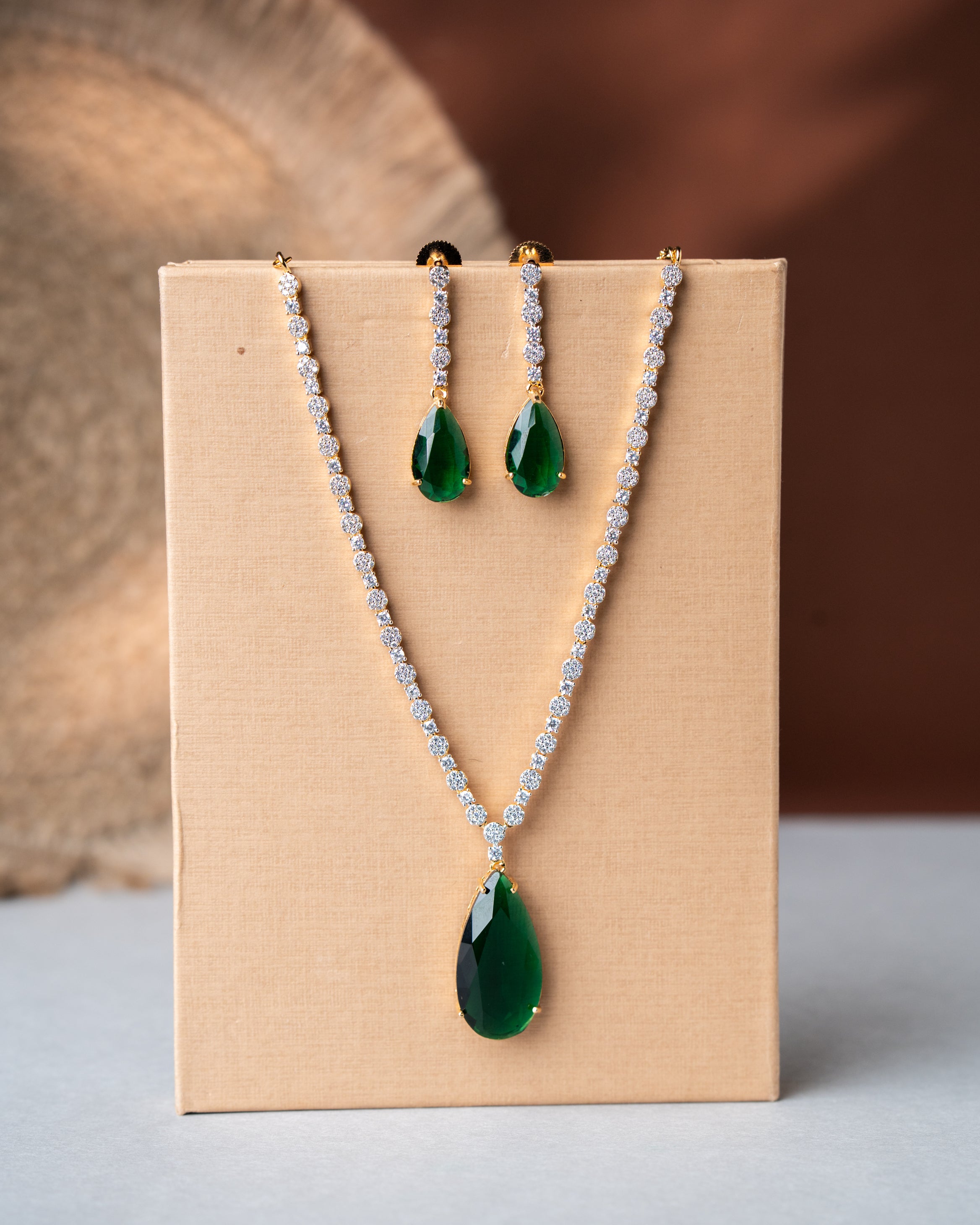 Classic Gold-Toned AD Solitaire Necklace Set | Choice of Emerald Green or Blush Pink Quartz