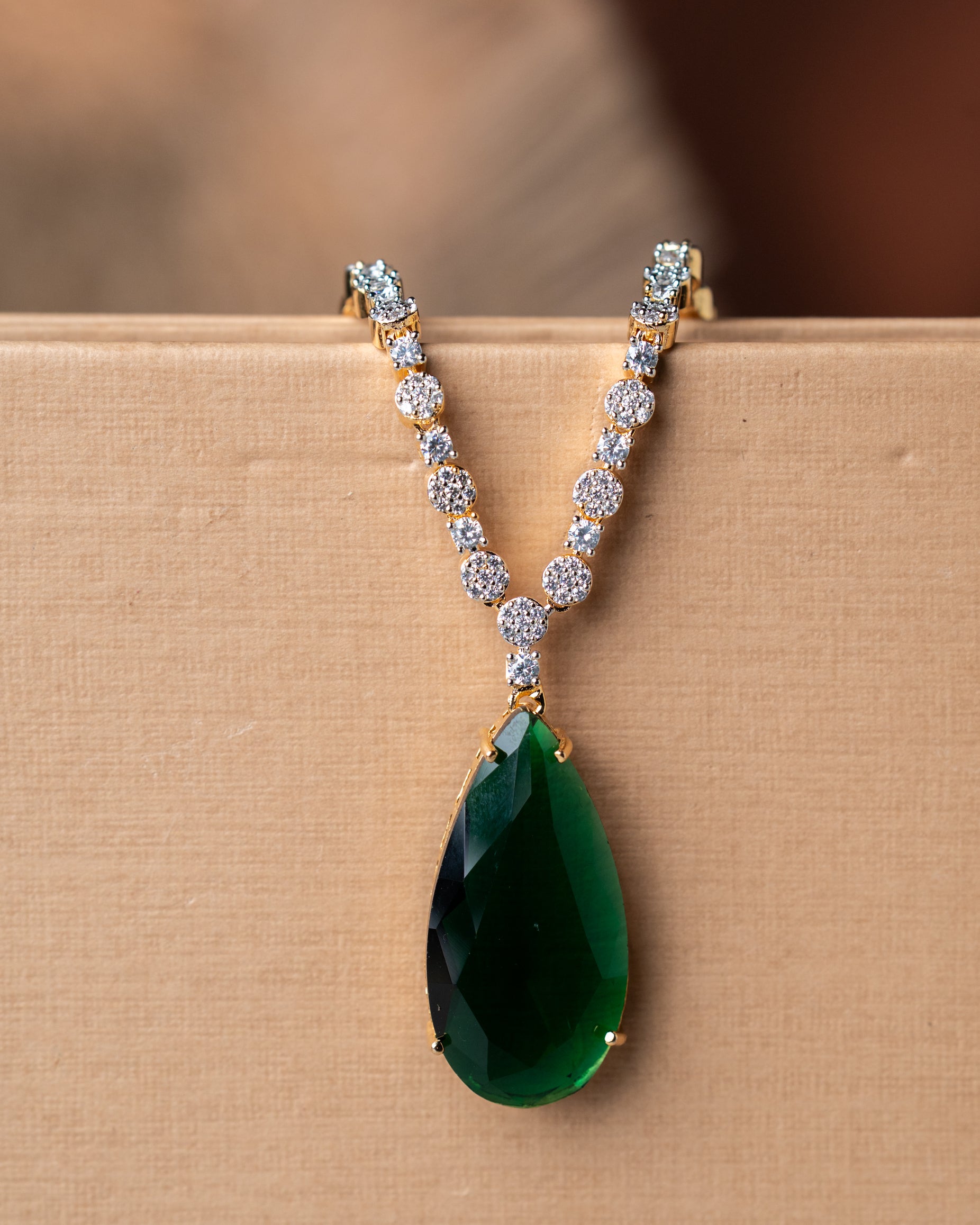 Classic Gold-Toned AD Solitaire Necklace Set | Choice of Emerald Green or Blush Pink Quartz
