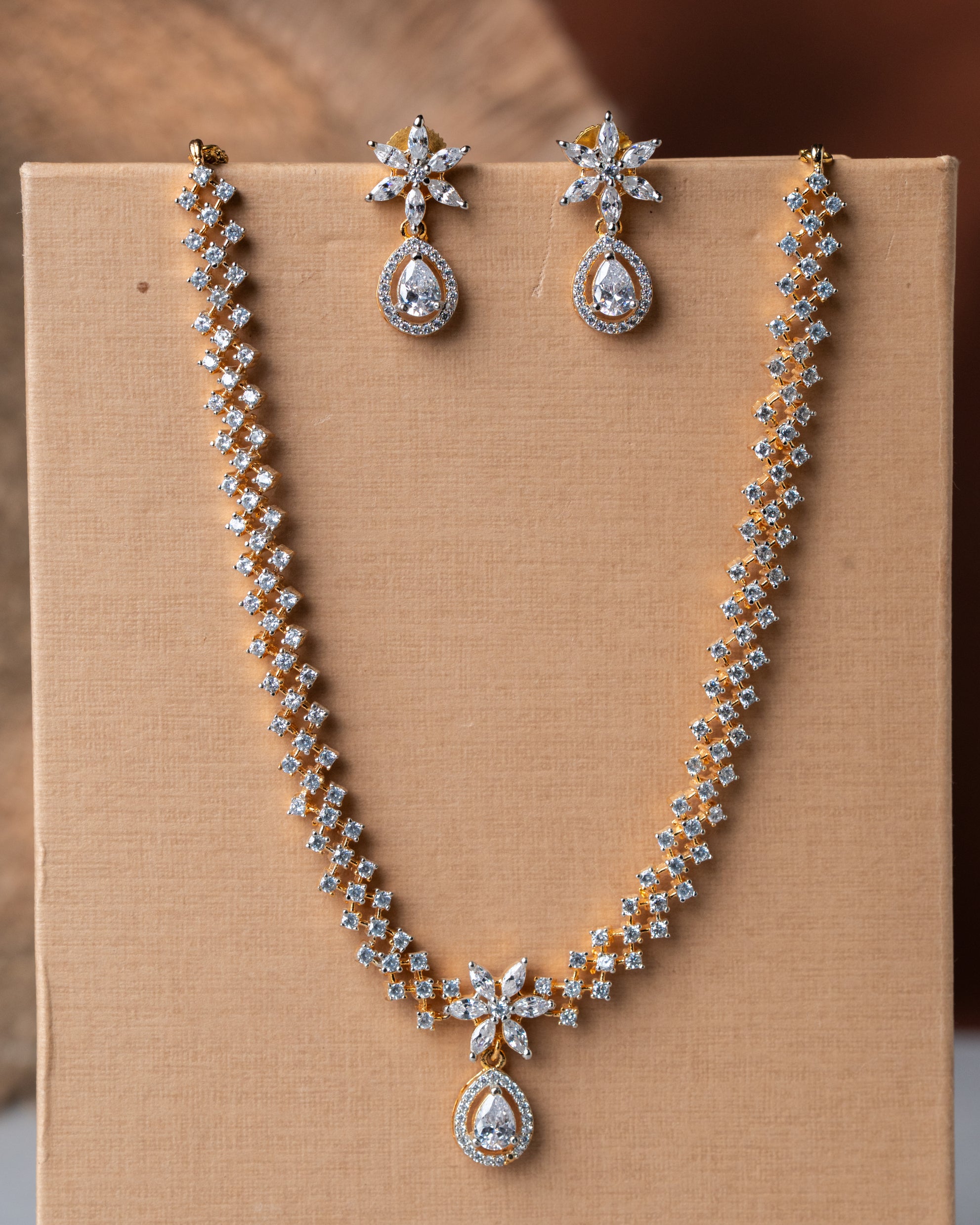 Gold-Toned American Diamond (AD) Star Necklace Set with Solitaire Drop Earrings