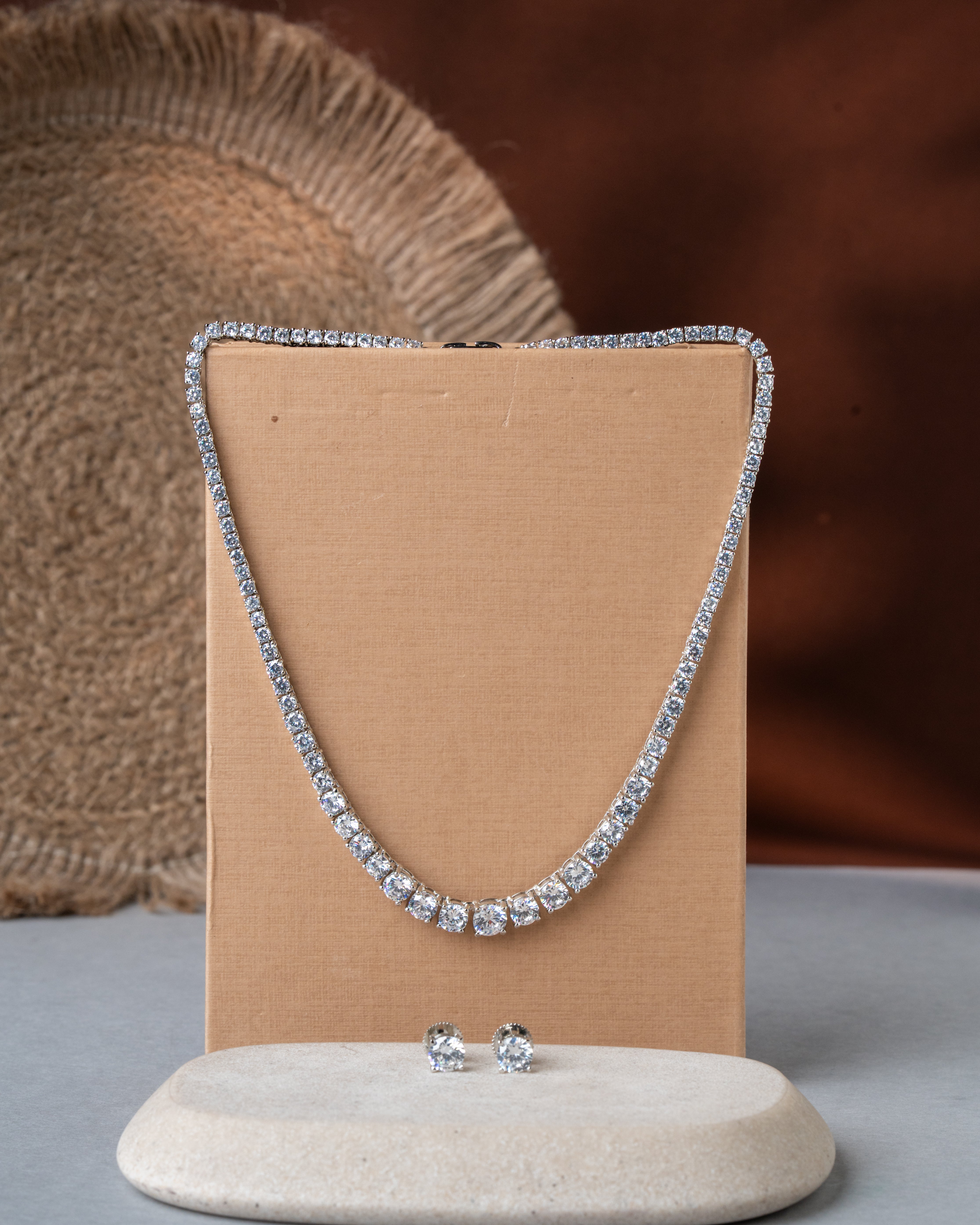 Rhodium-Plated Classic AD Tennis Necklace Set with Solitaire Studs