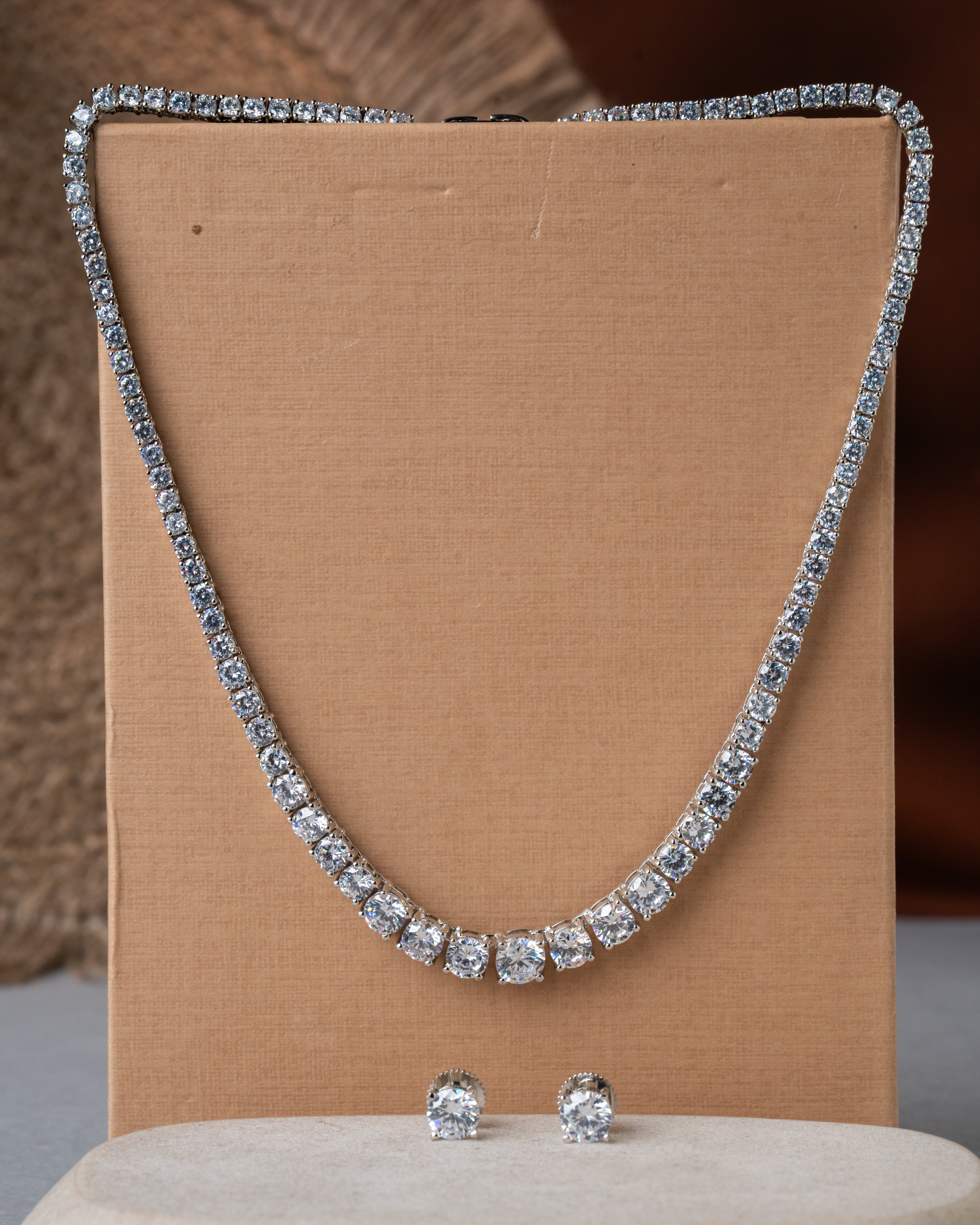 Rhodium-Plated Classic AD Tennis Necklace Set with Solitaire Studs