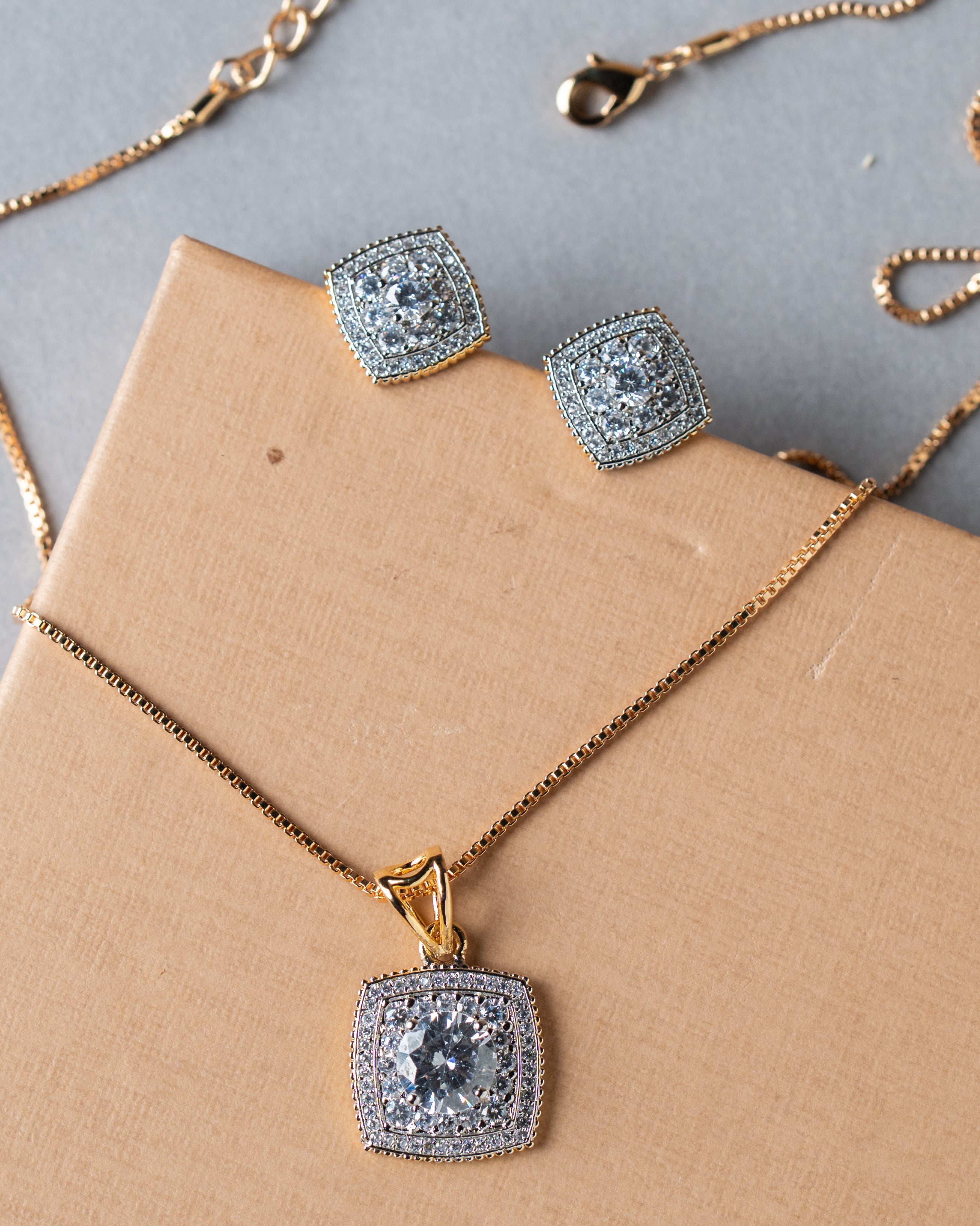 Gold-Toned American Diamond (AD) Halo Solitaire Pendant Set with Studs