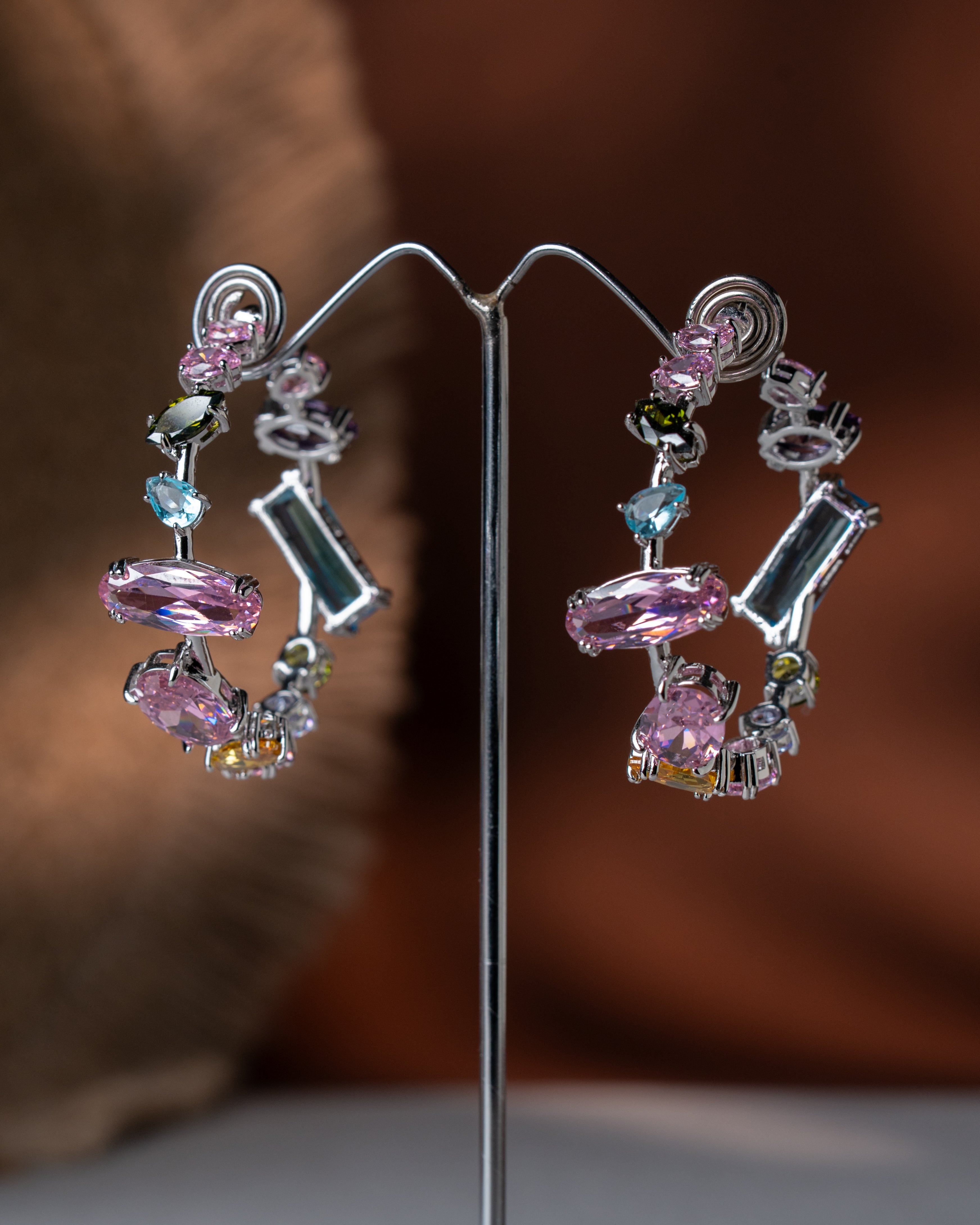 Rhodium-Plated Multicolor Gemstone Statement Hoop Earrings