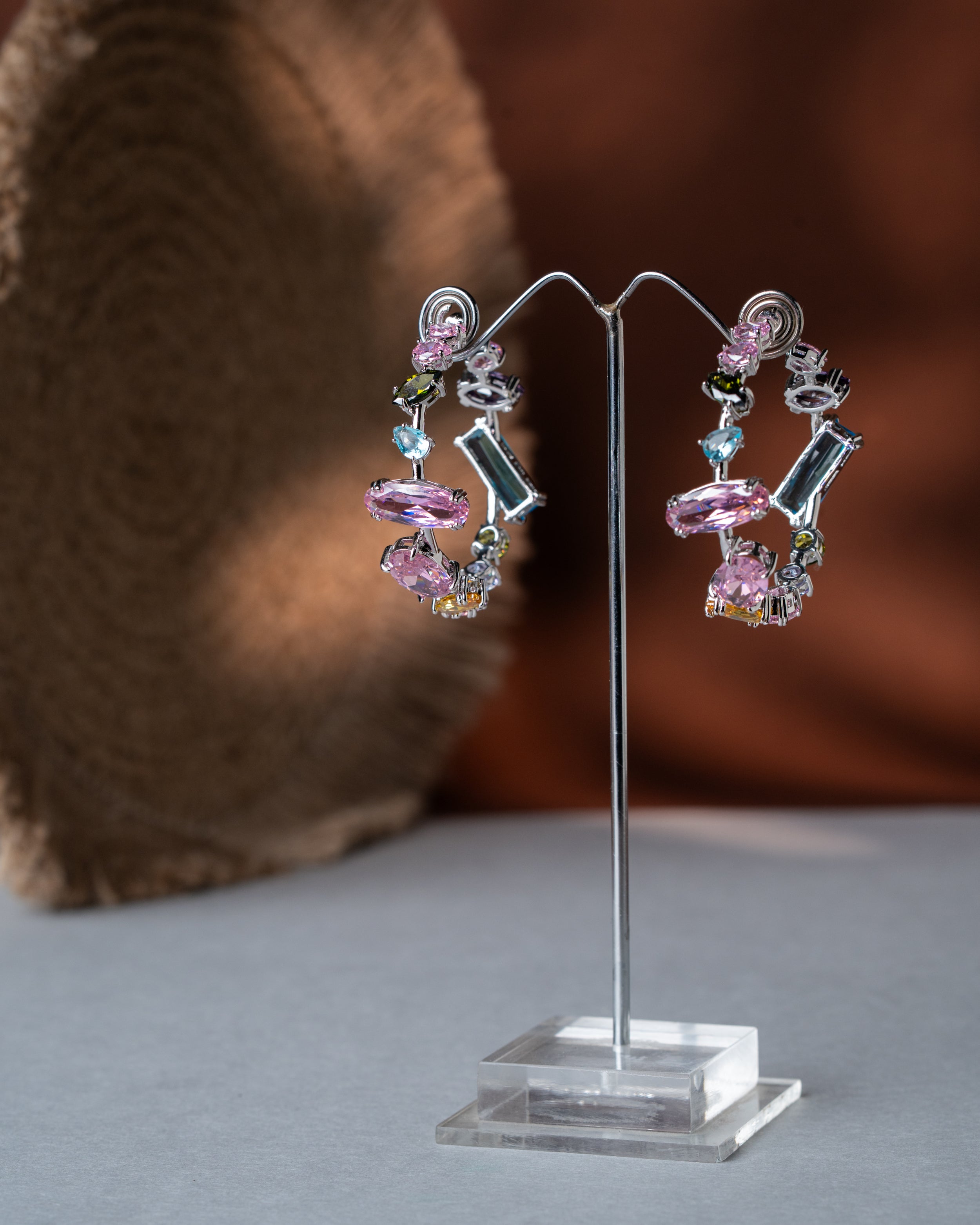 Rhodium-Plated Multicolor Gemstone Statement Hoop Earrings
