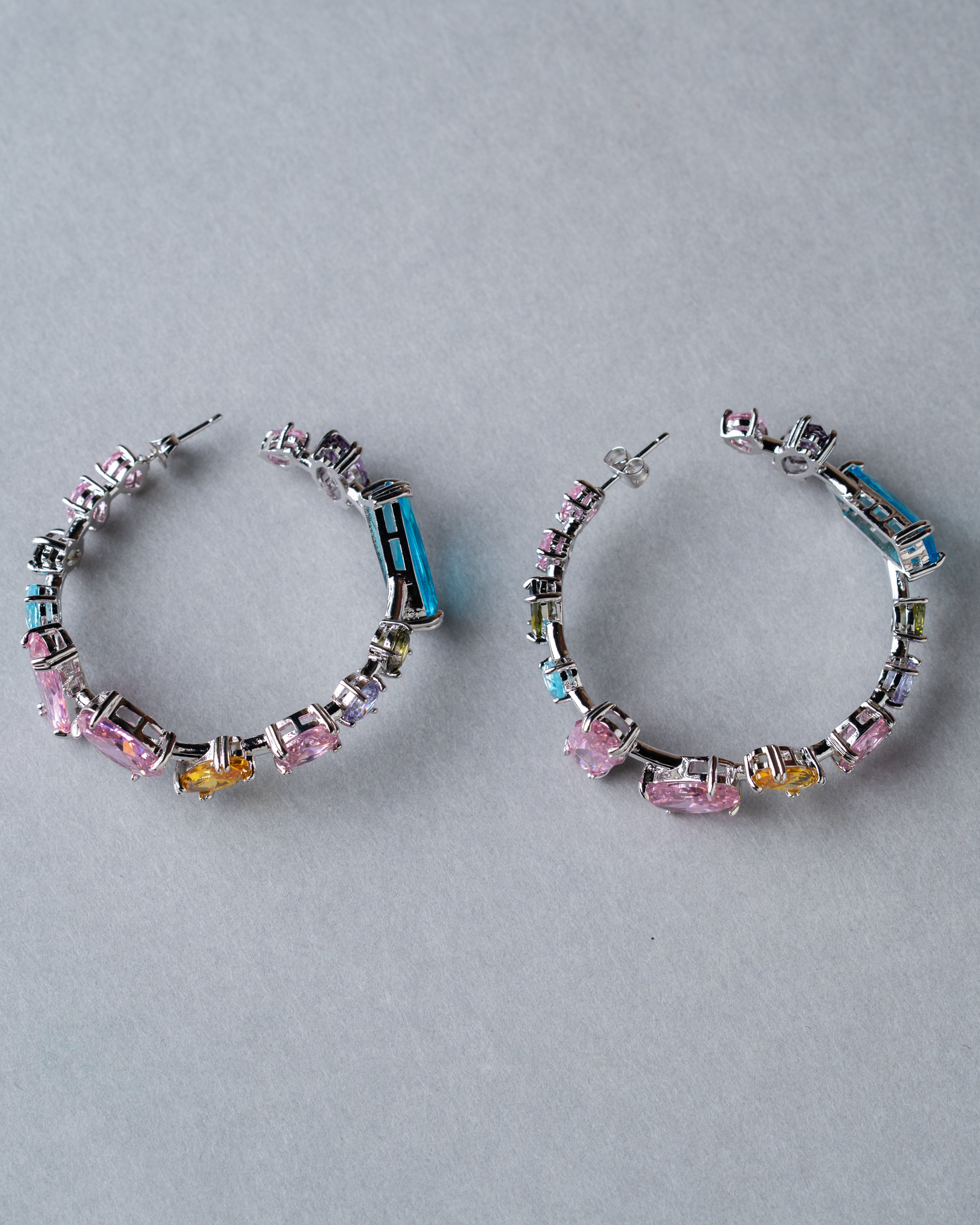 Rhodium-Plated Multicolor Gemstone Statement Hoop Earrings
