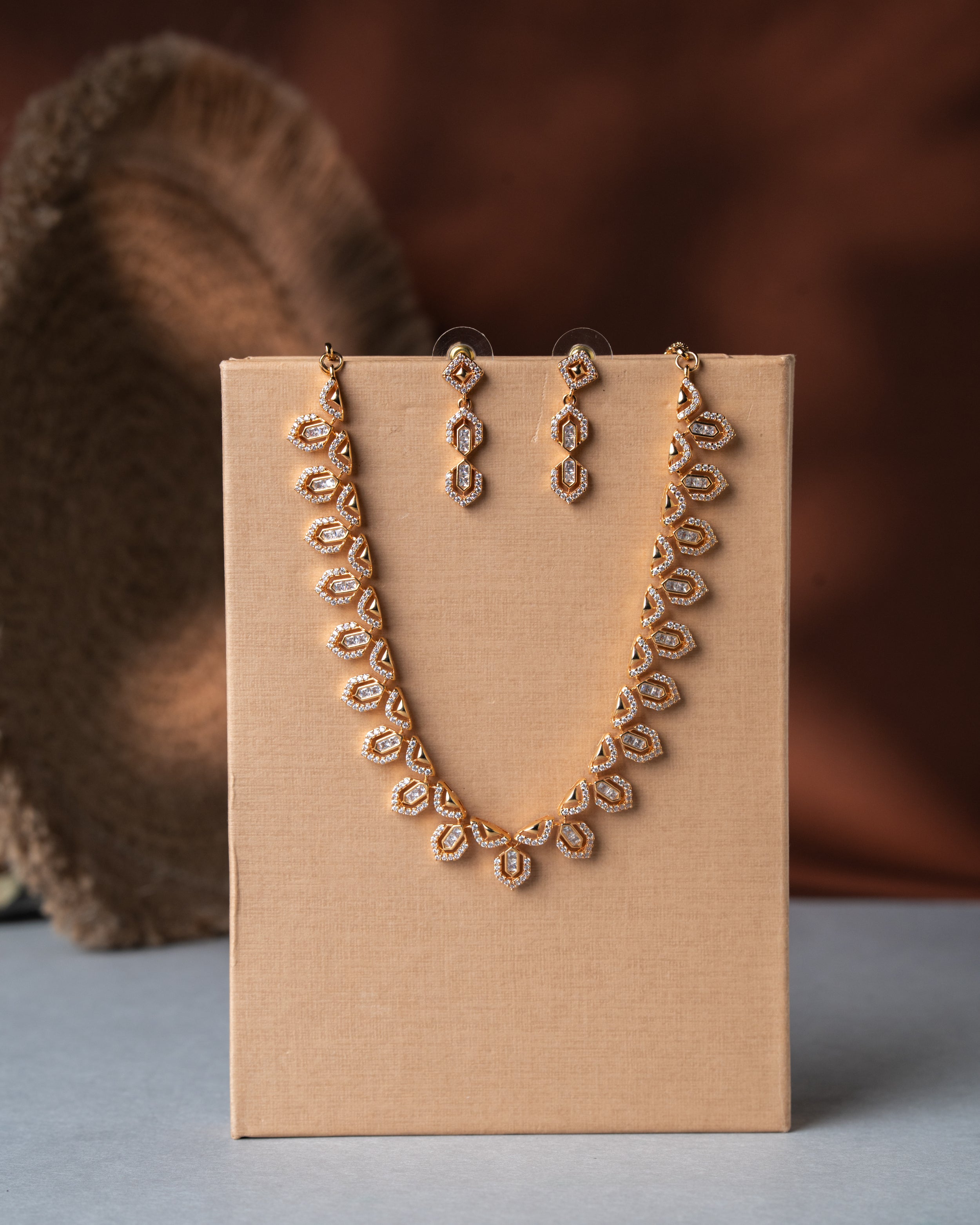 Gold-Toned American Diamond (AD) Floral Link Necklace Set