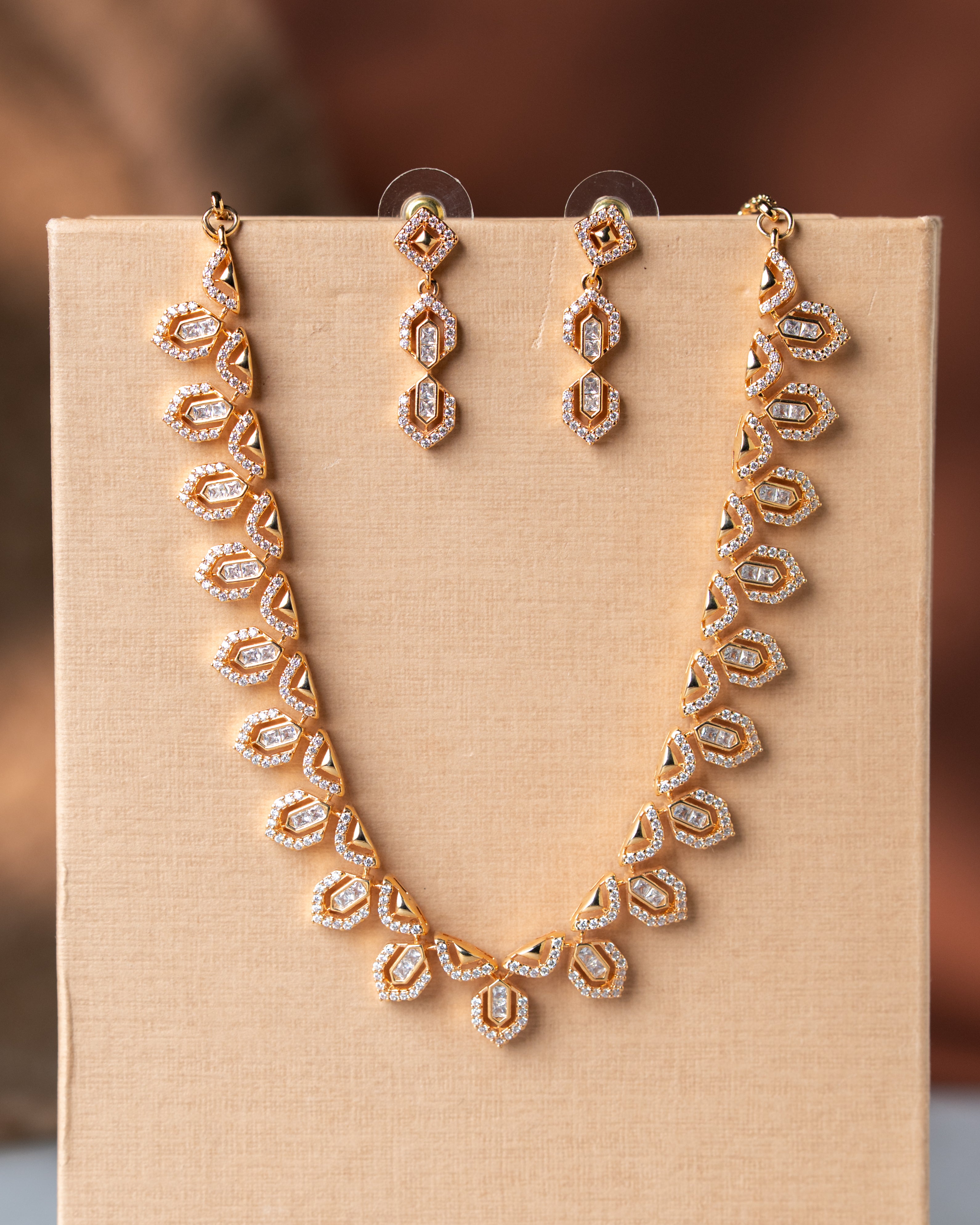 Gold-Toned American Diamond (AD) Floral Link Necklace Set