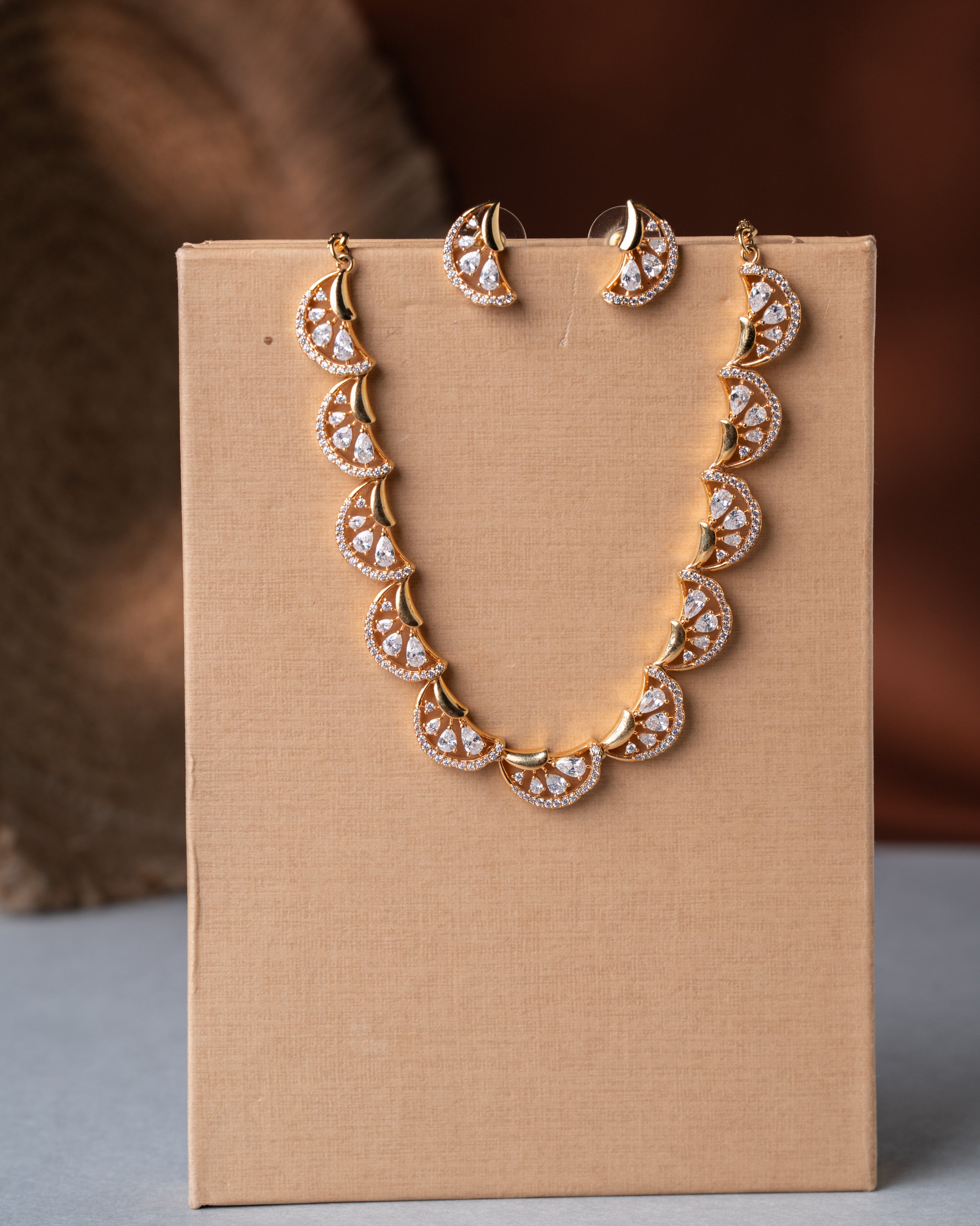 Gold-Toned Crescent Fan Pave AD Necklace Set