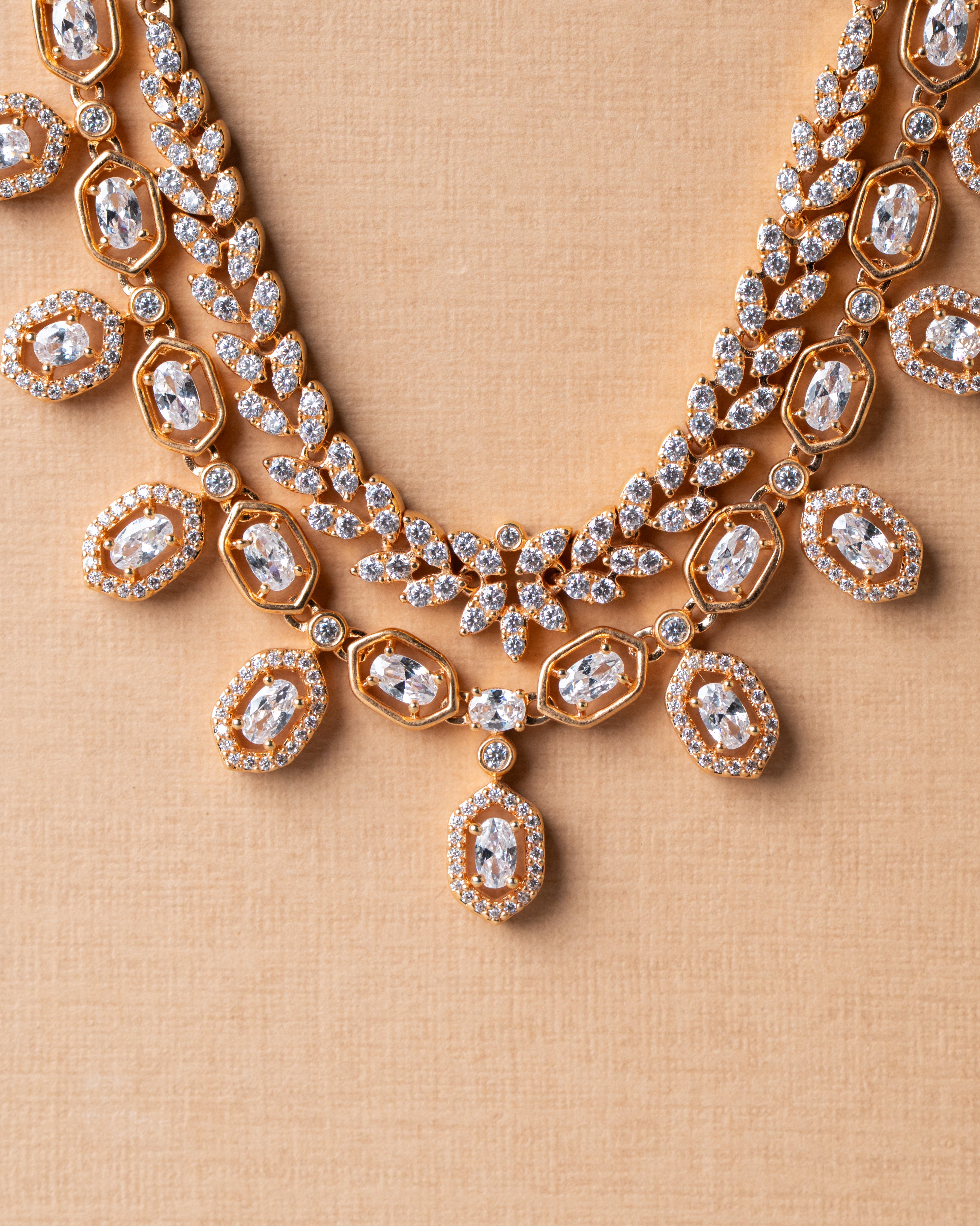 Double Layered Gold-Toned Leaf & Oval Real Look-Alike Necklace Set