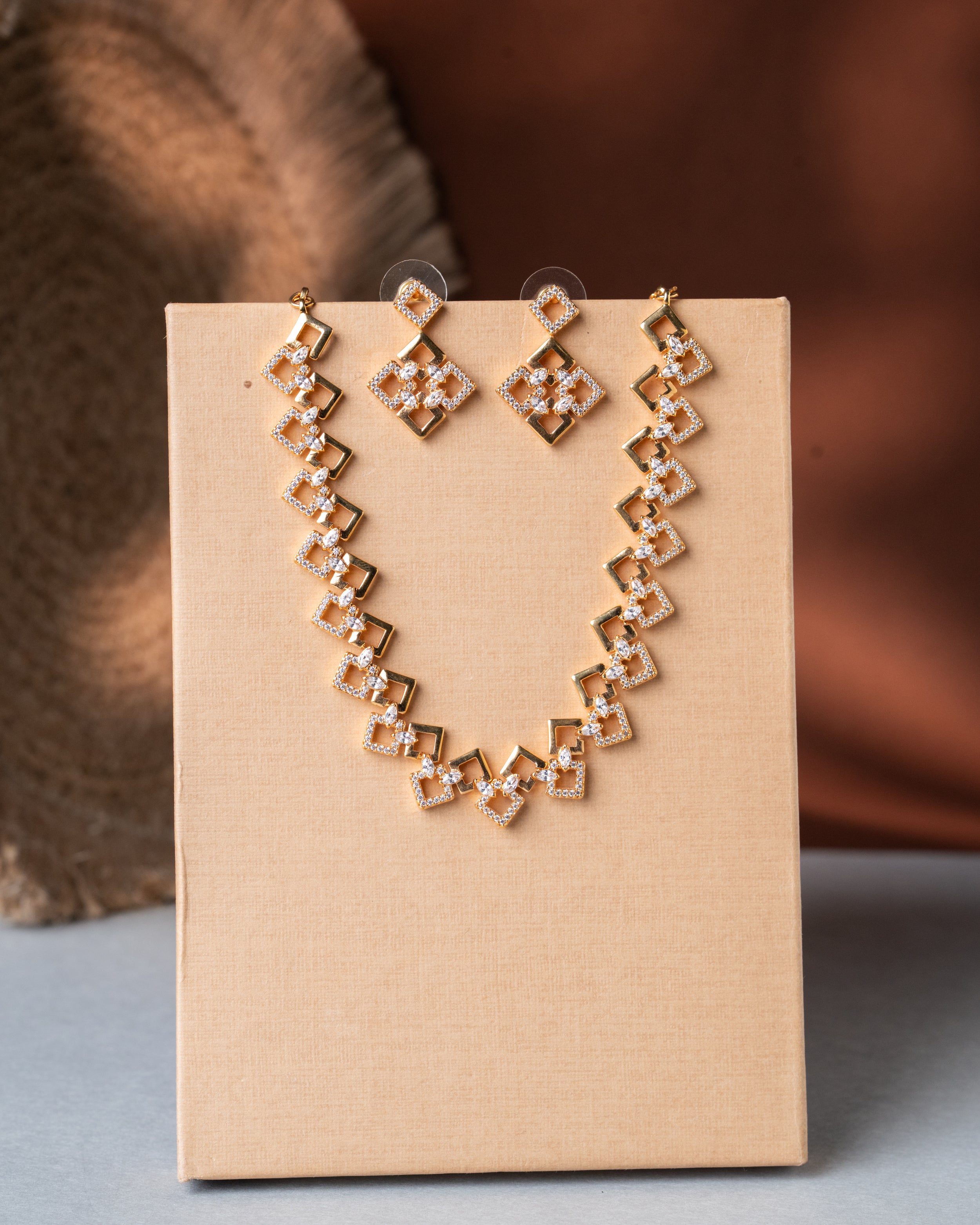 Gold-Toned Geometric Open-Frame Zircon Necklace Set