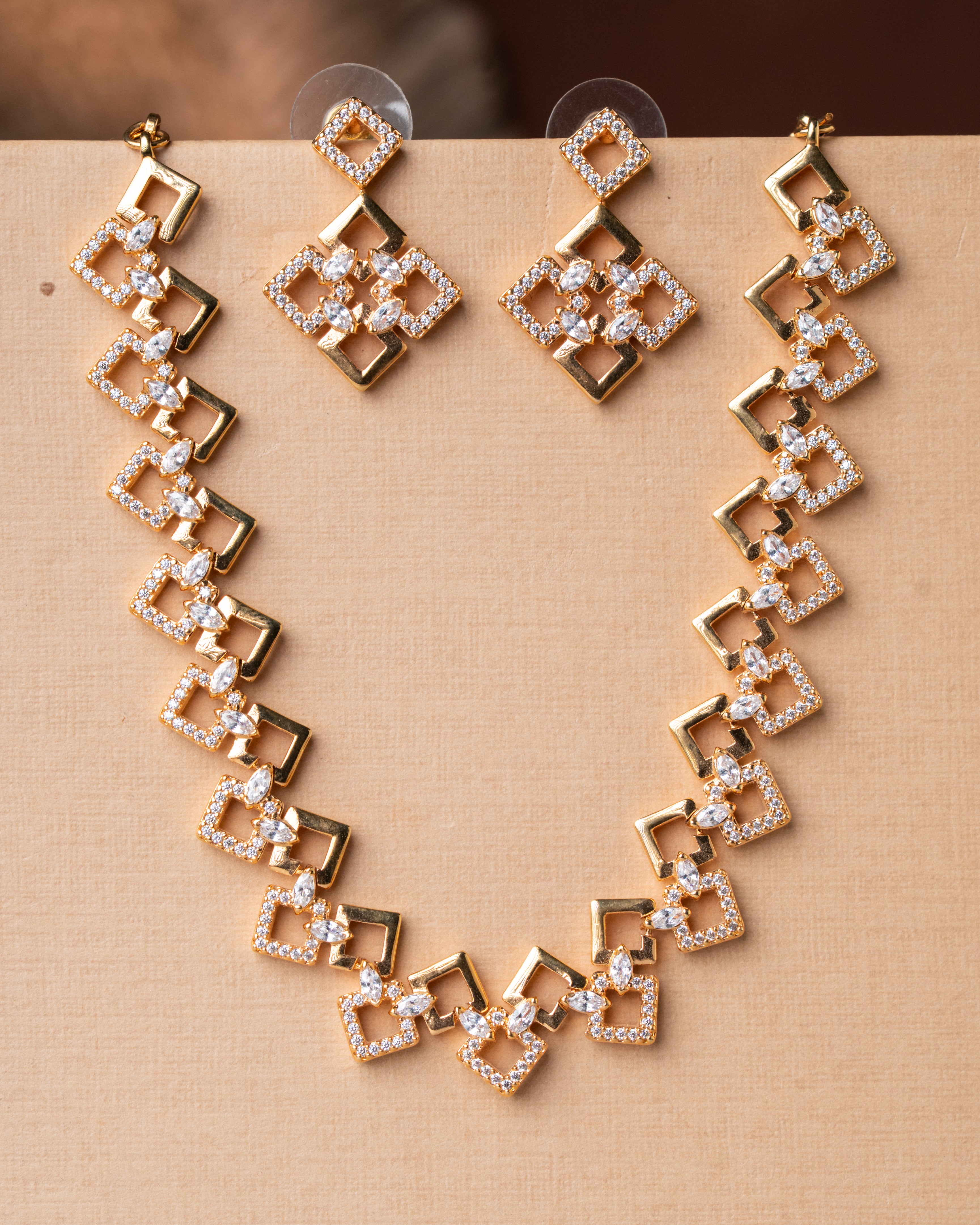 Gold-Toned Geometric Open-Frame Zircon Necklace Set