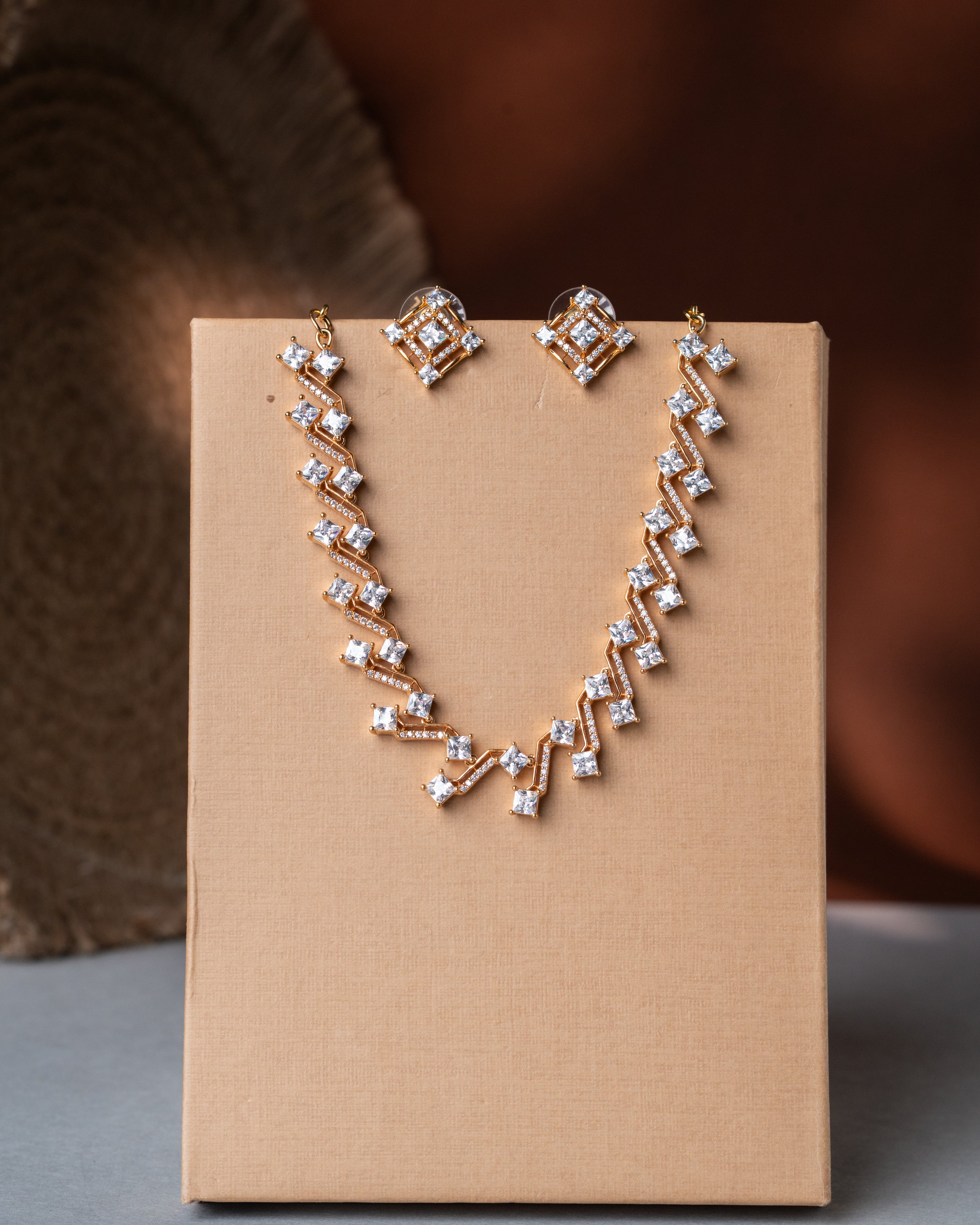 Gold-Toned Zigzag Link Statement AD Necklace Set