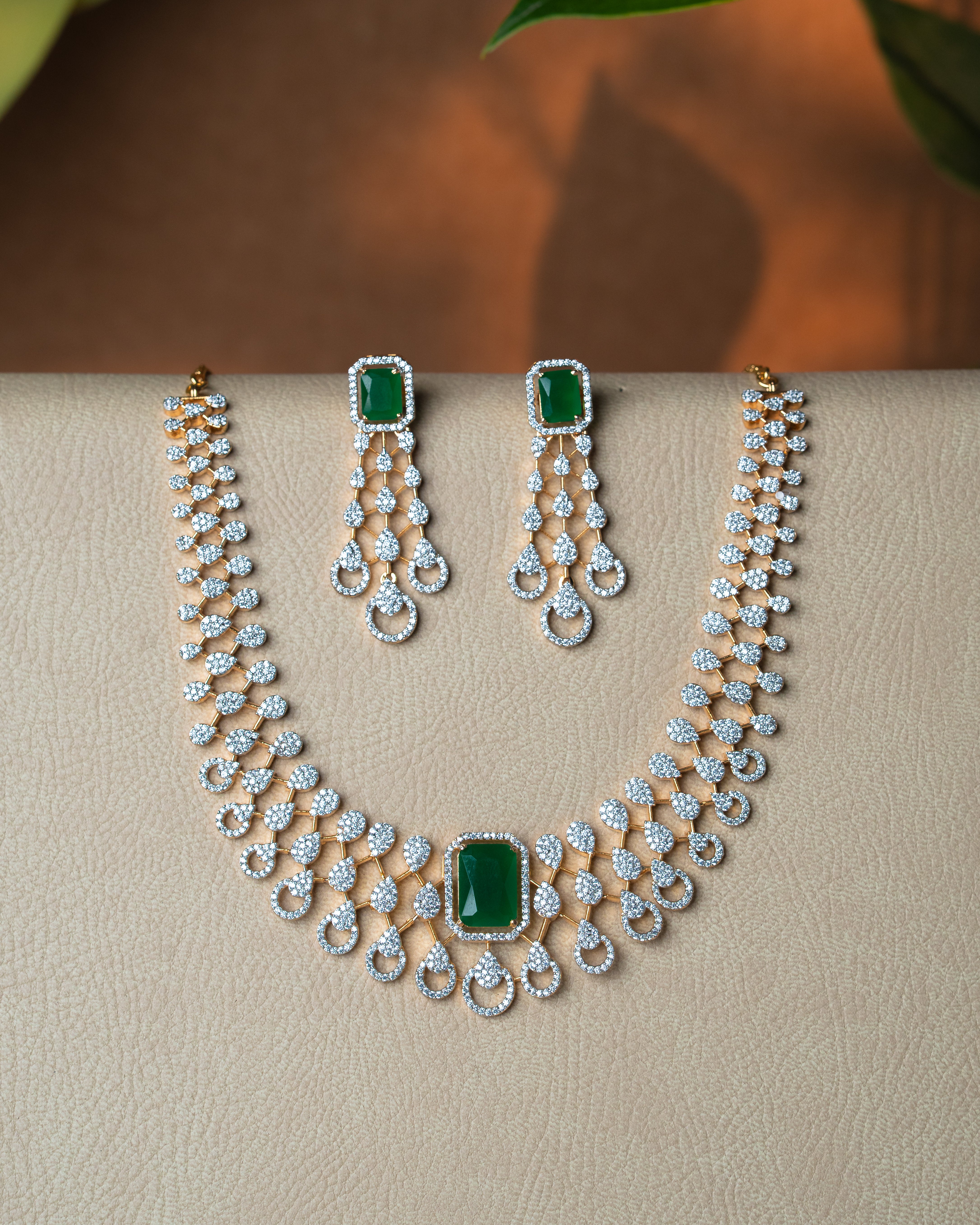 emerald square z diamond necklace set