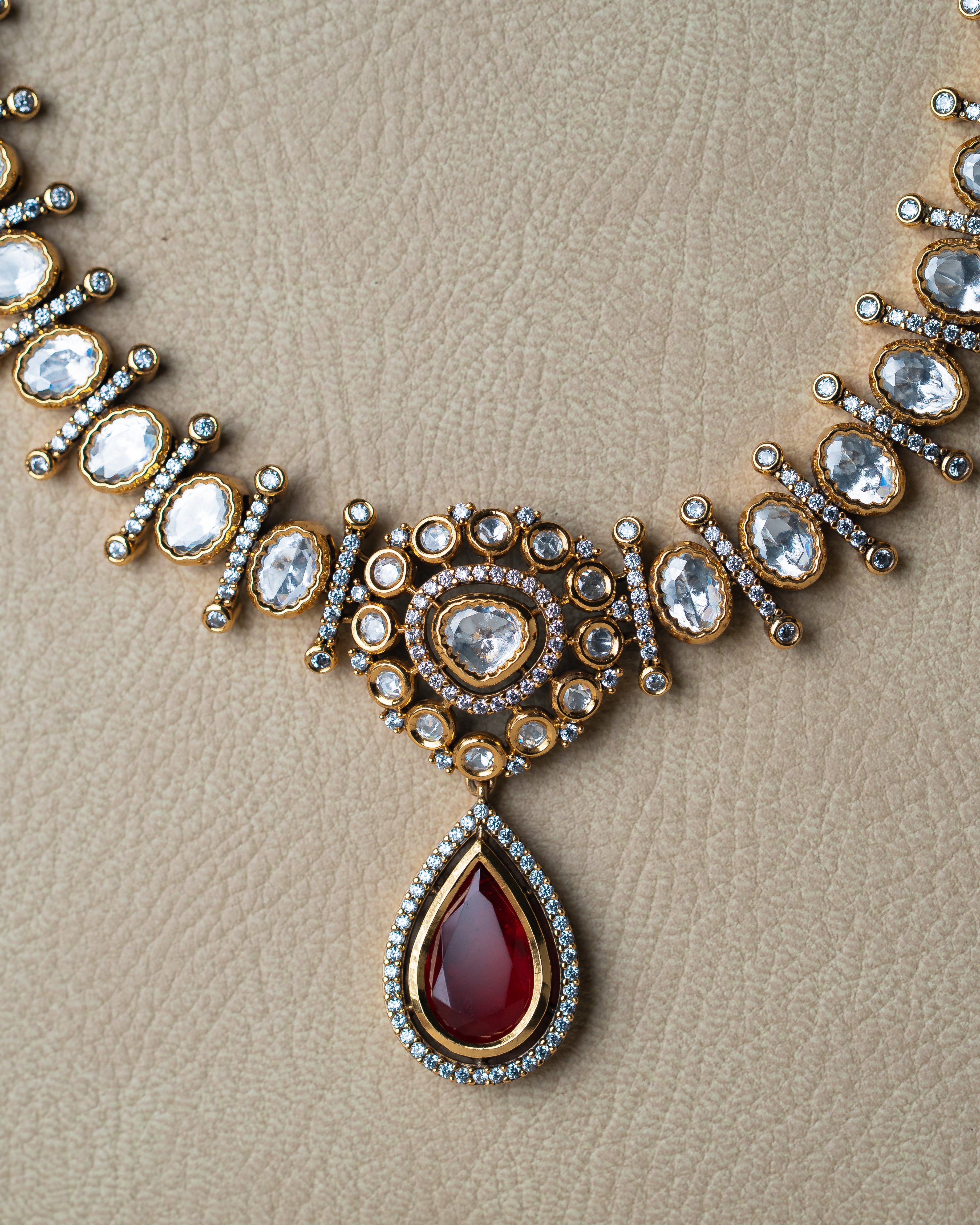 victorian kundan ruby drop necklace set