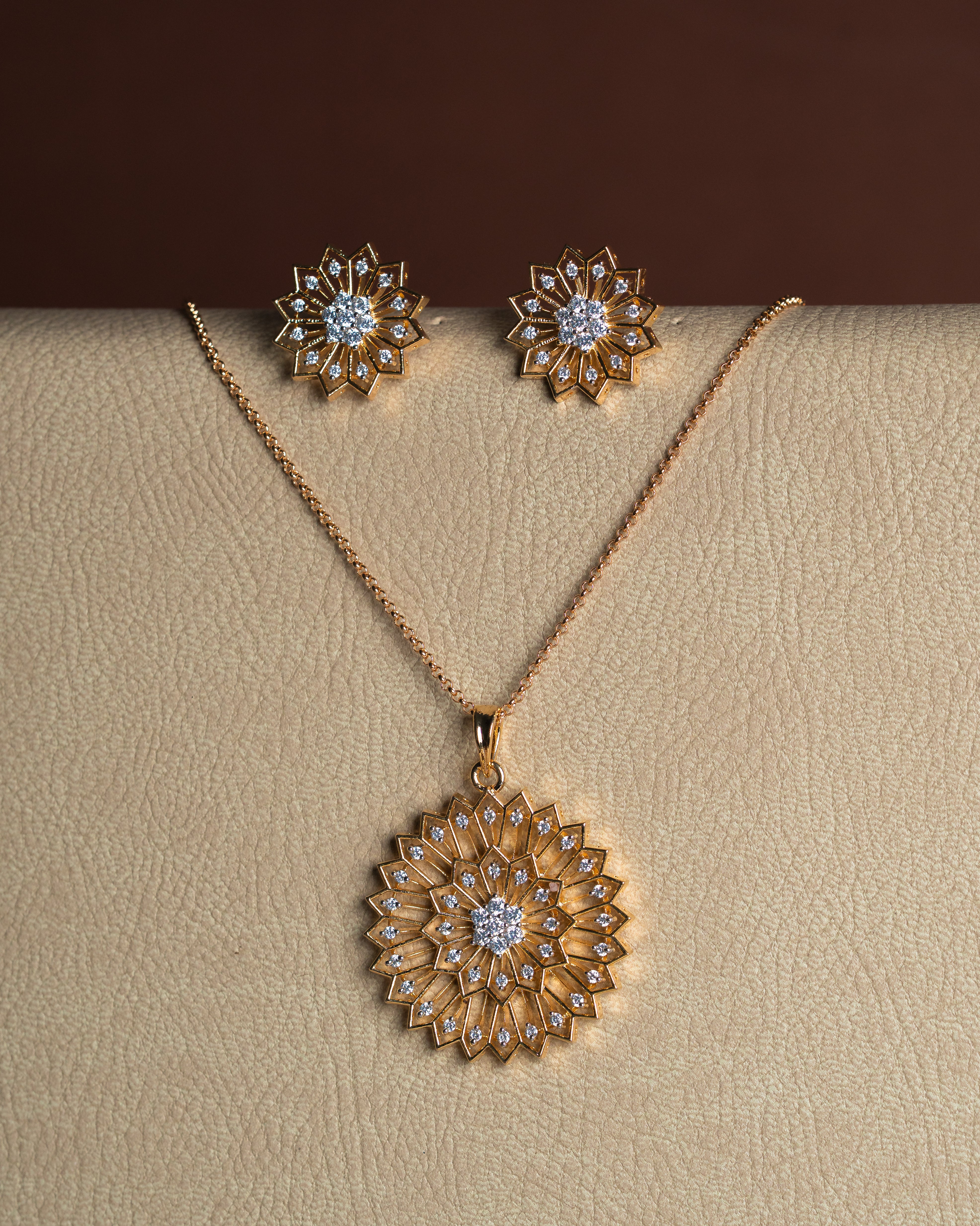 Floral Zircon Pendant Set with Stud Earrings