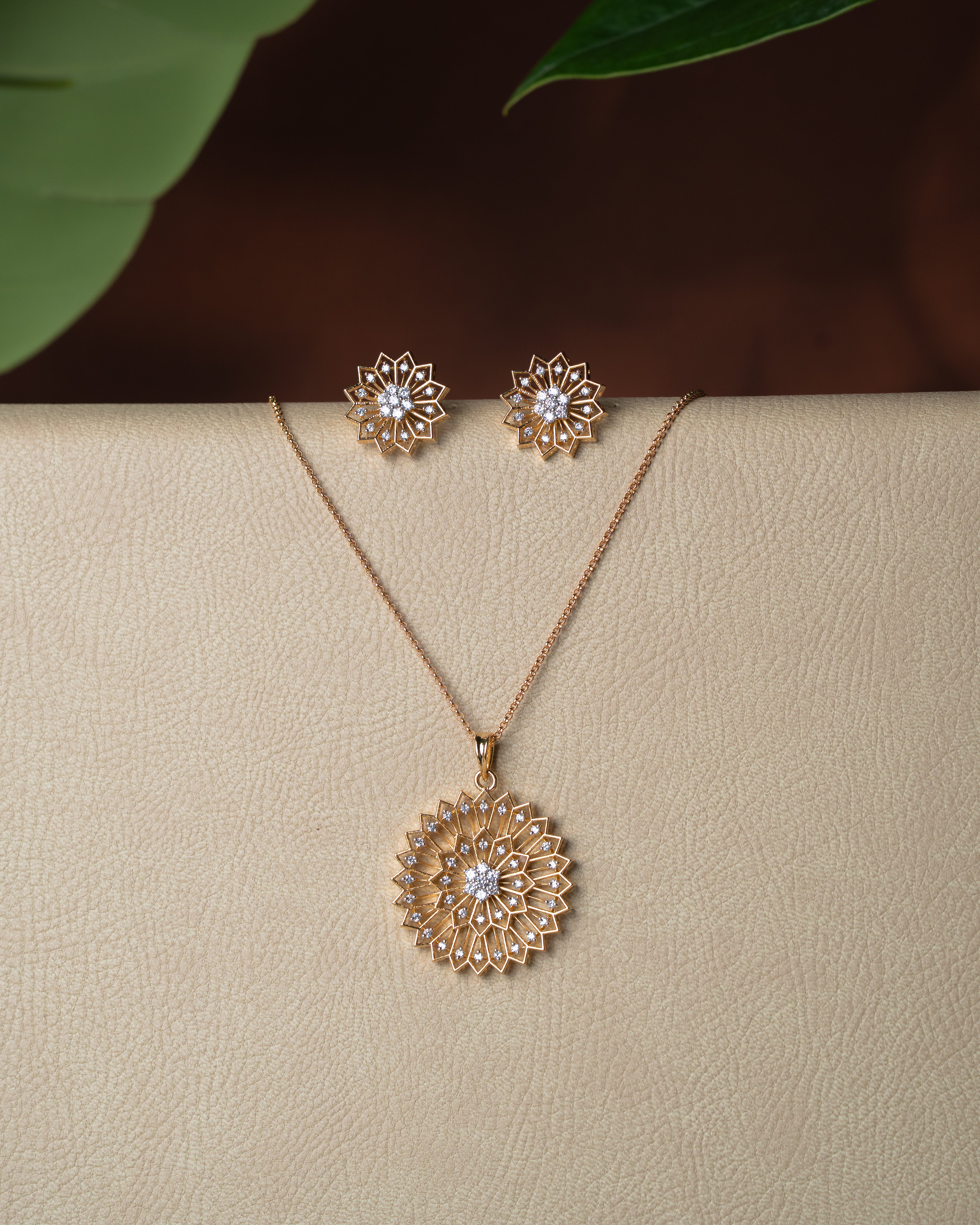Floral Zircon Pendant Set with Stud Earrings