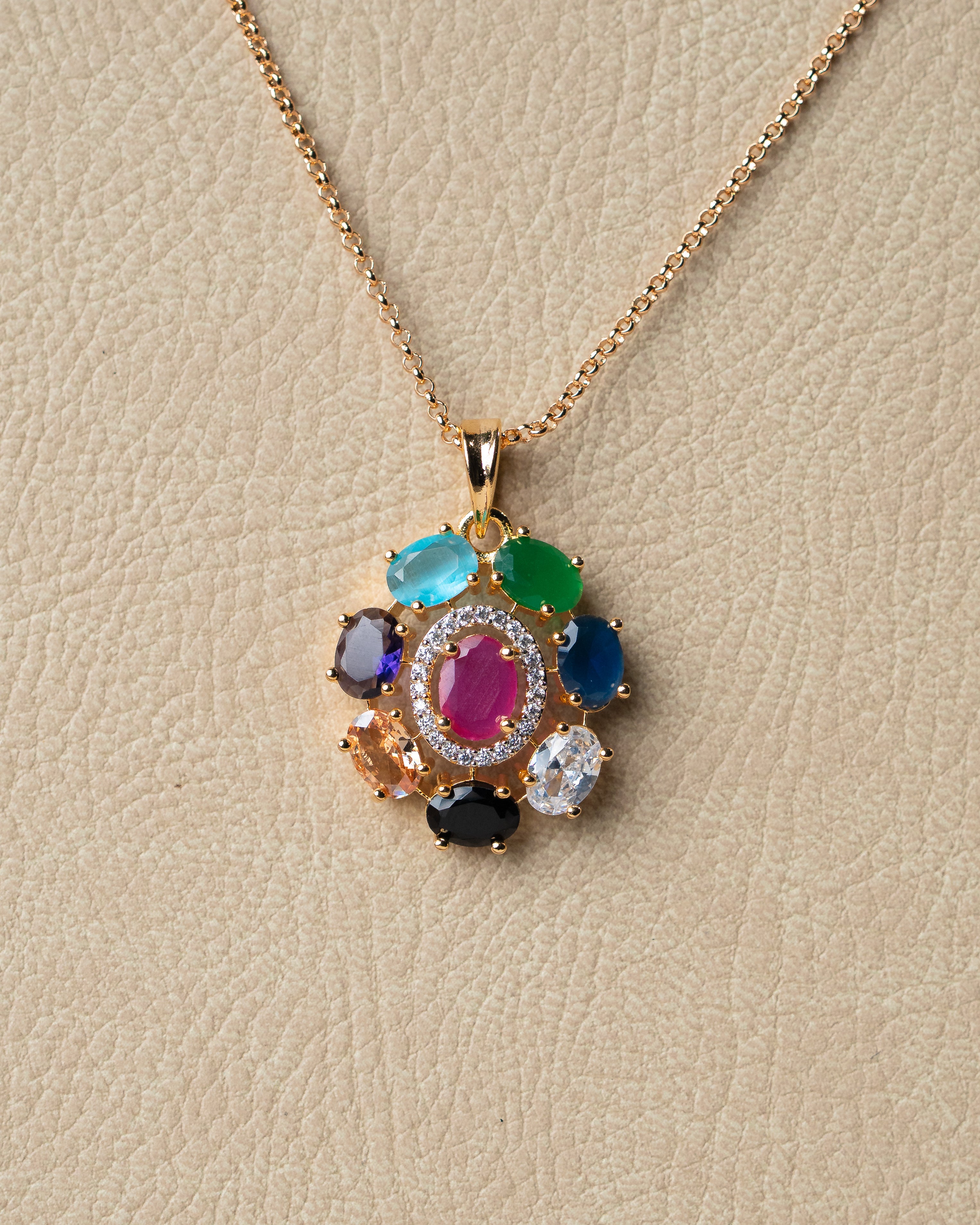 Classic Navratna Ruby Core Zircon Pendant Set