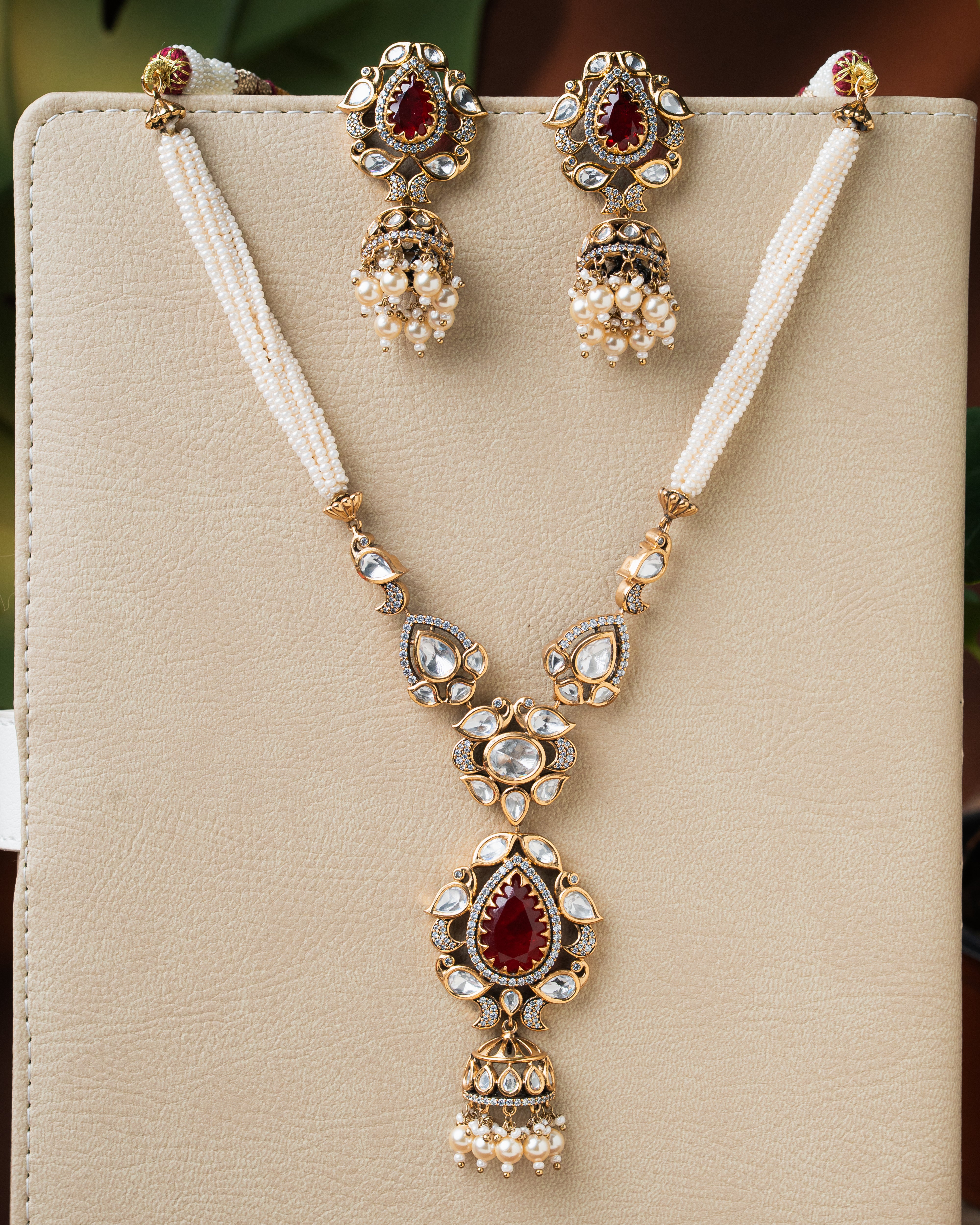 Victorian Ruby Kundan Pearl Drop Necklace Set with Zircon Finish