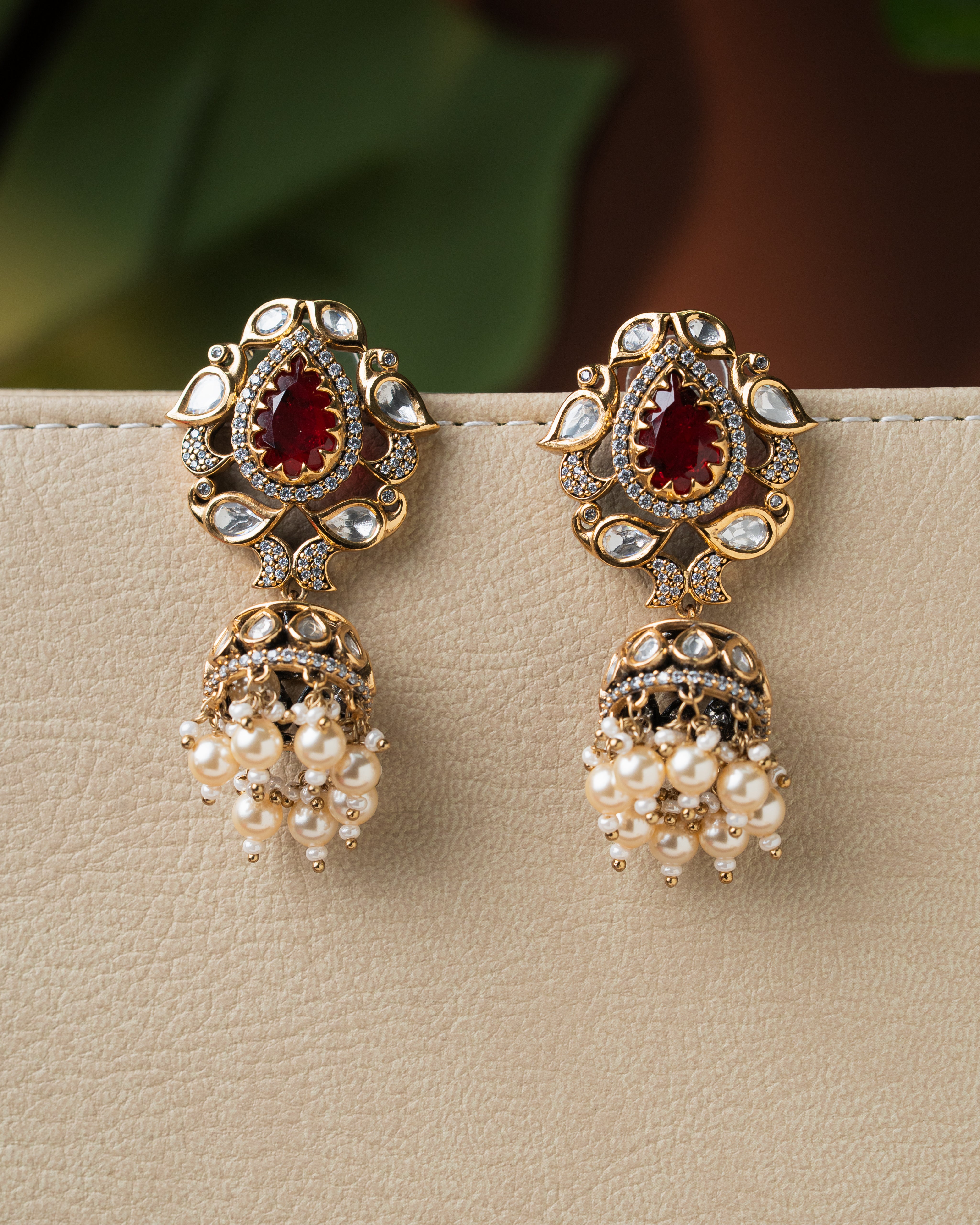 Victorian Ruby Kundan Pearl Drop Necklace Set with Zircon Finish