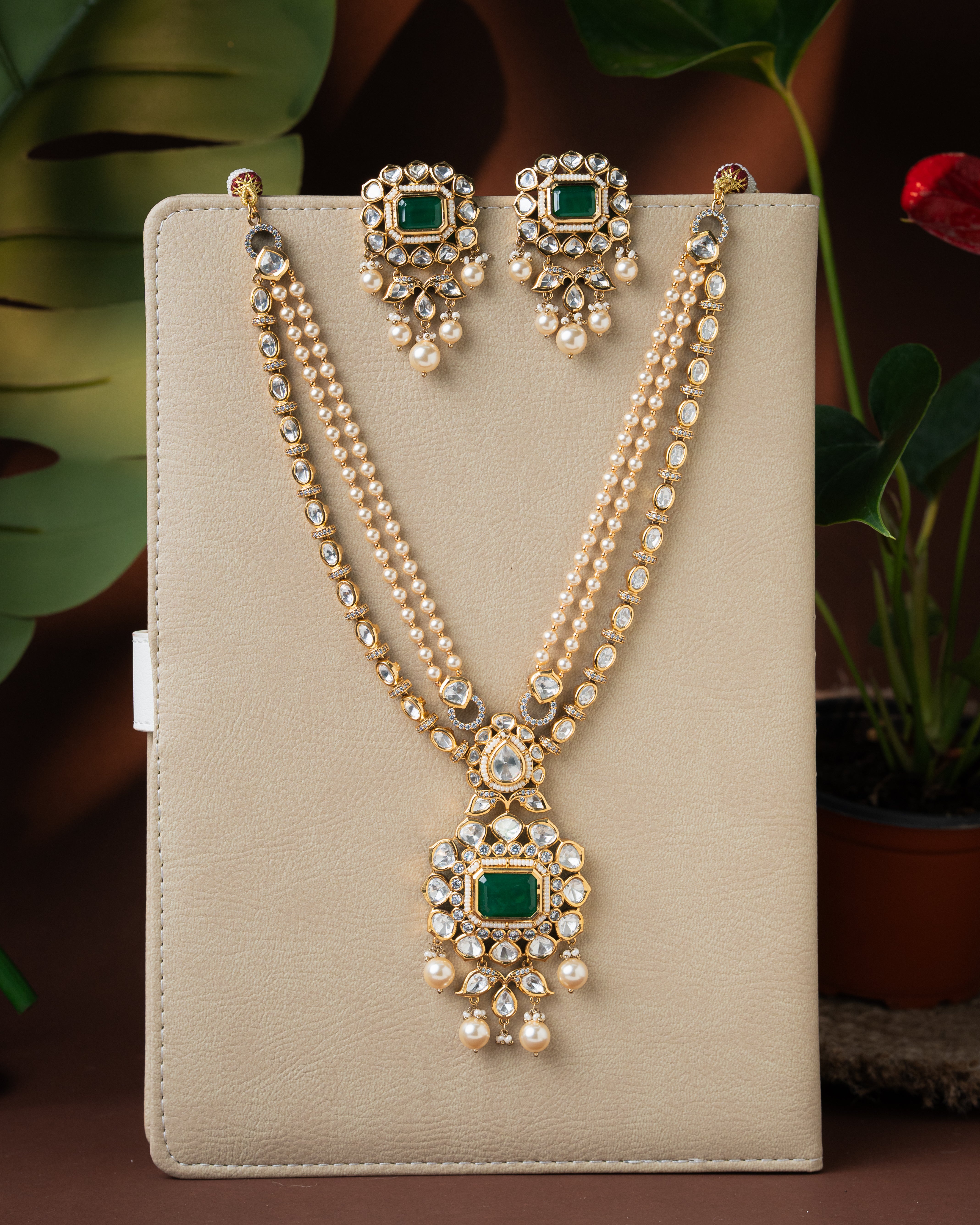 Emerald Kundan Long Necklace Set