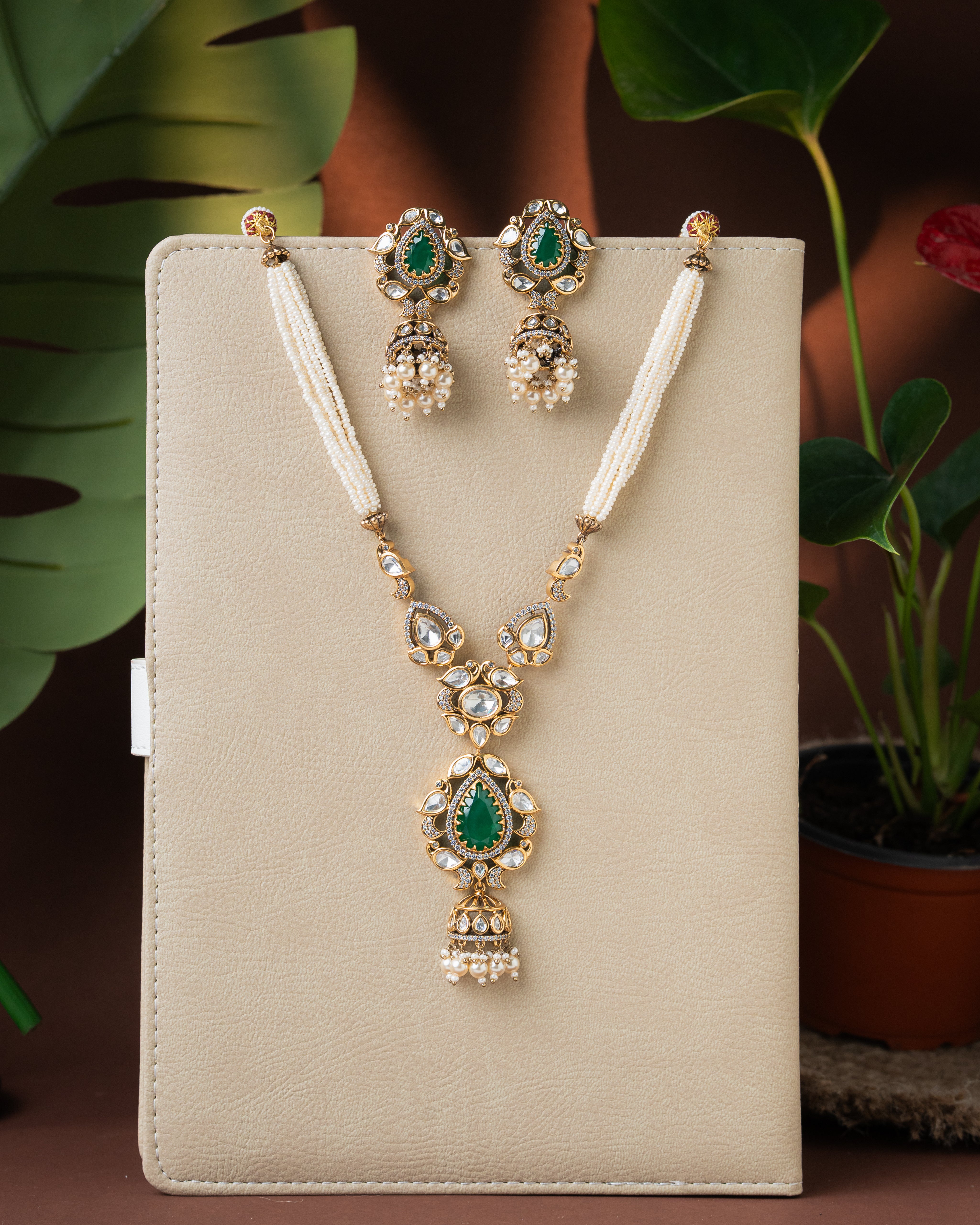 Victorian Ruby Kundan Pearl Drop Necklace Set with Zircon Finish