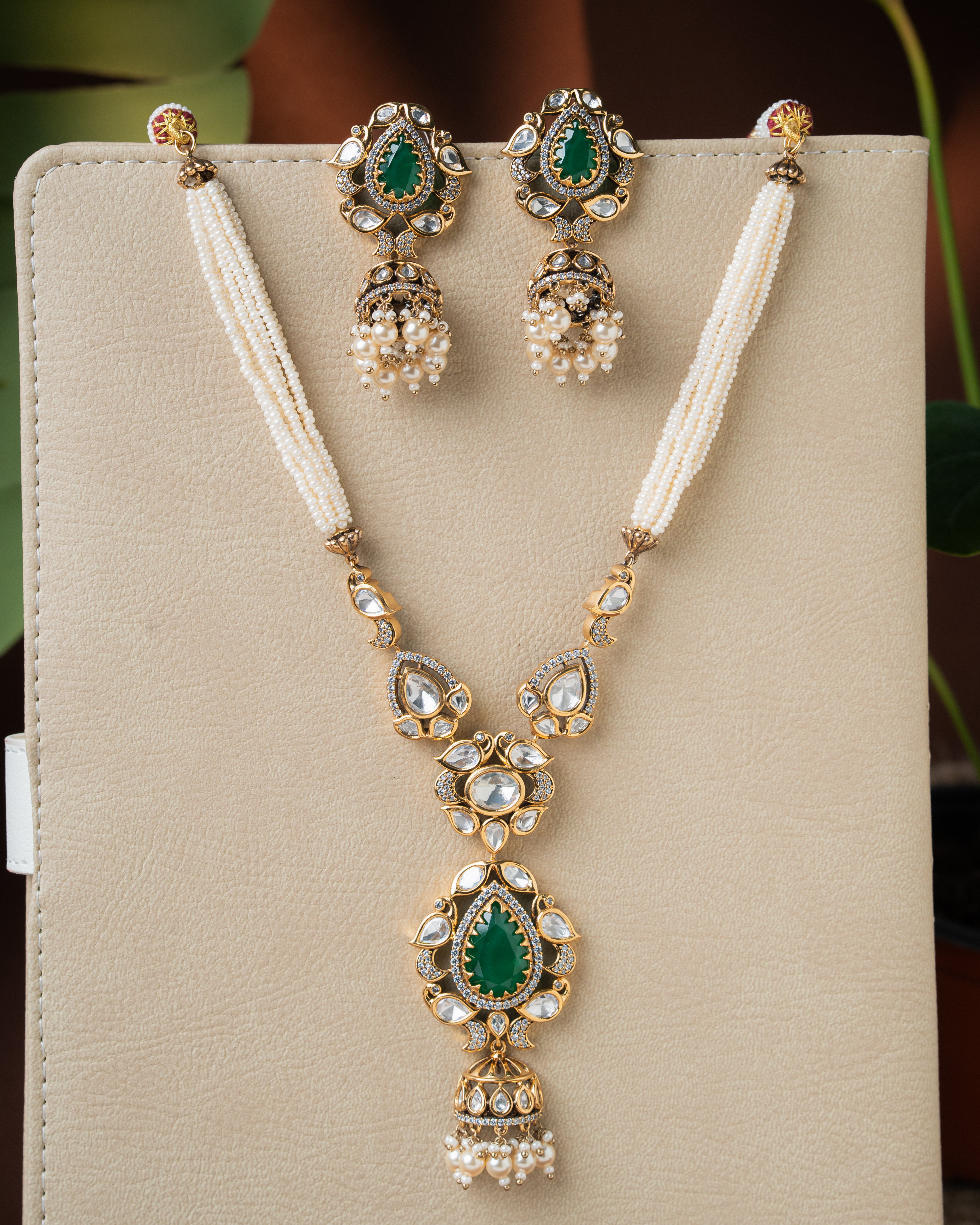 Victorian Ruby Kundan Pearl Drop Necklace Set with Zircon Finish