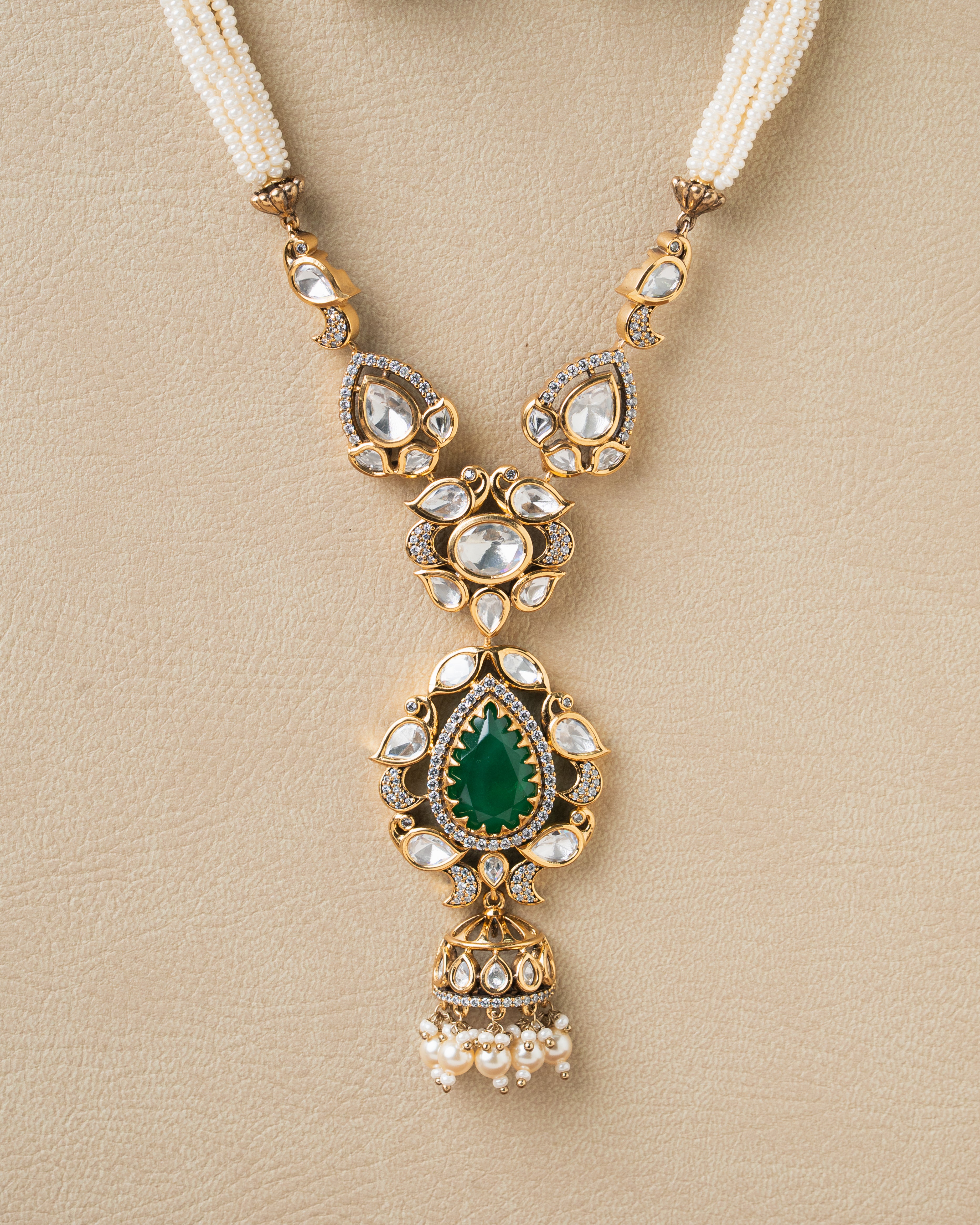 Victorian Ruby Kundan Pearl Drop Necklace Set with Zircon Finish