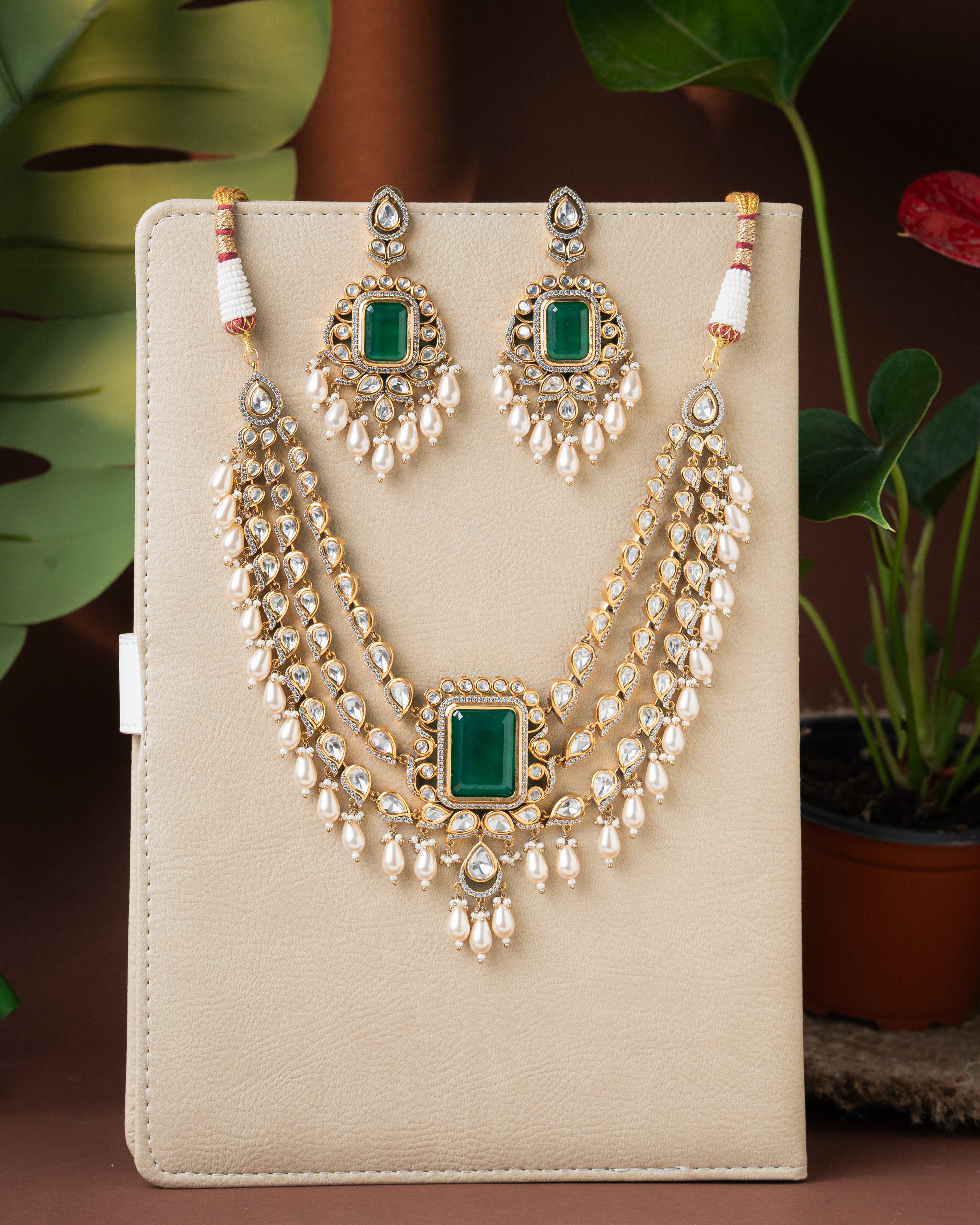Emerald Kundan 3 Line Layered Necklace Set with Pearl Drops