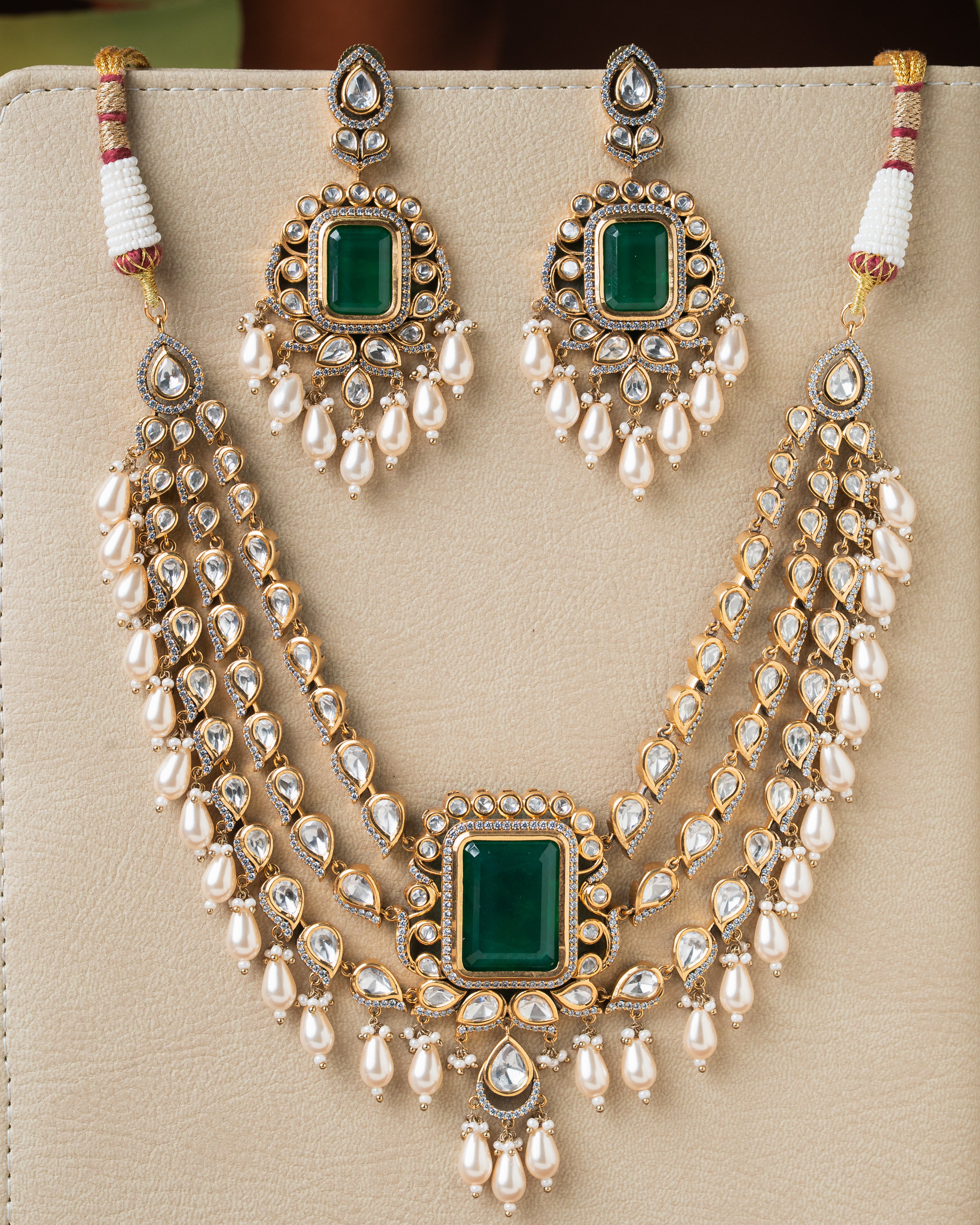 Emerald Kundan 3 Line Layered Necklace Set with Pearl Drops