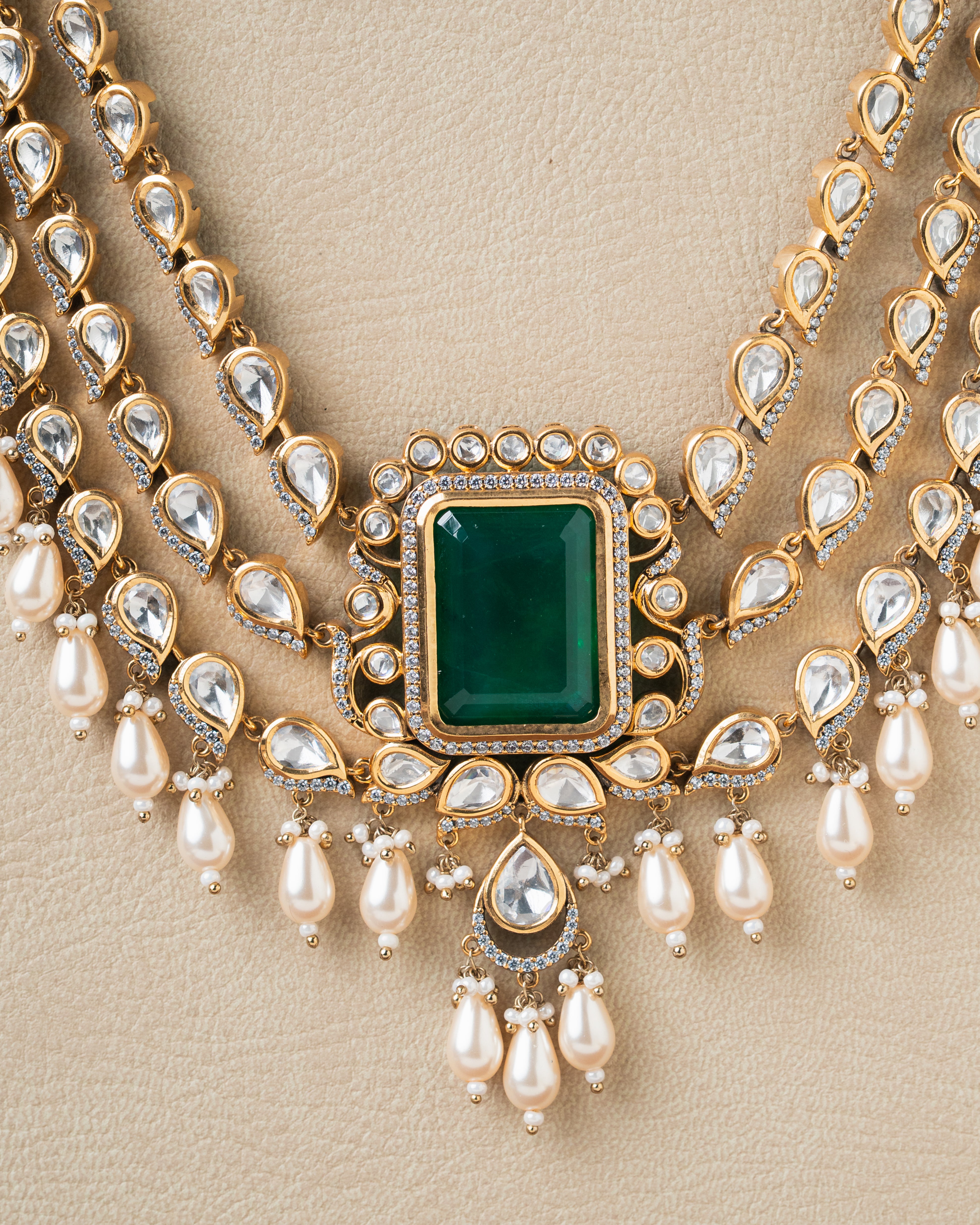Emerald Kundan 3 Line Layered Necklace Set with Pearl Drops