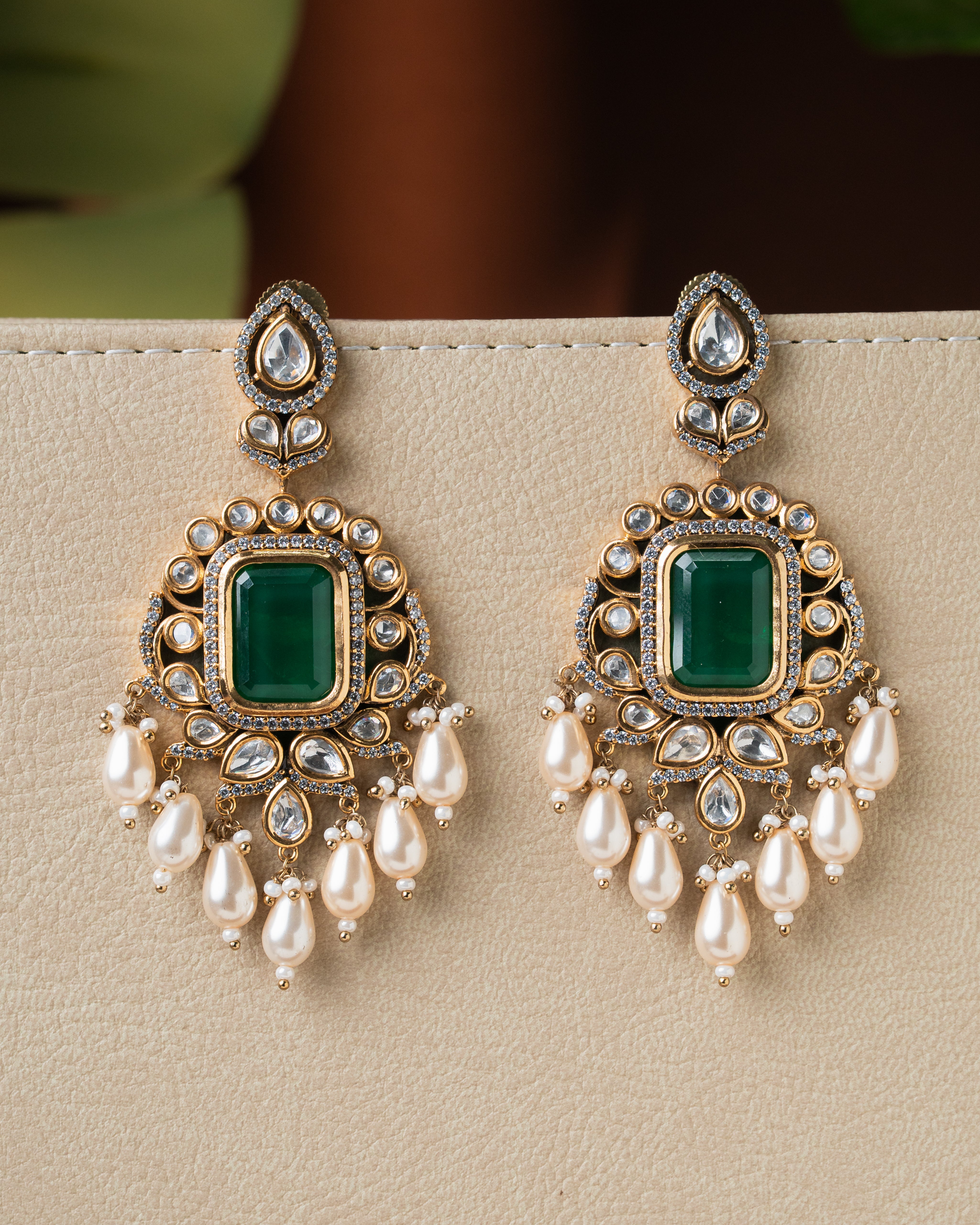 Emerald Kundan 3 Line Layered Necklace Set with Pearl Drops