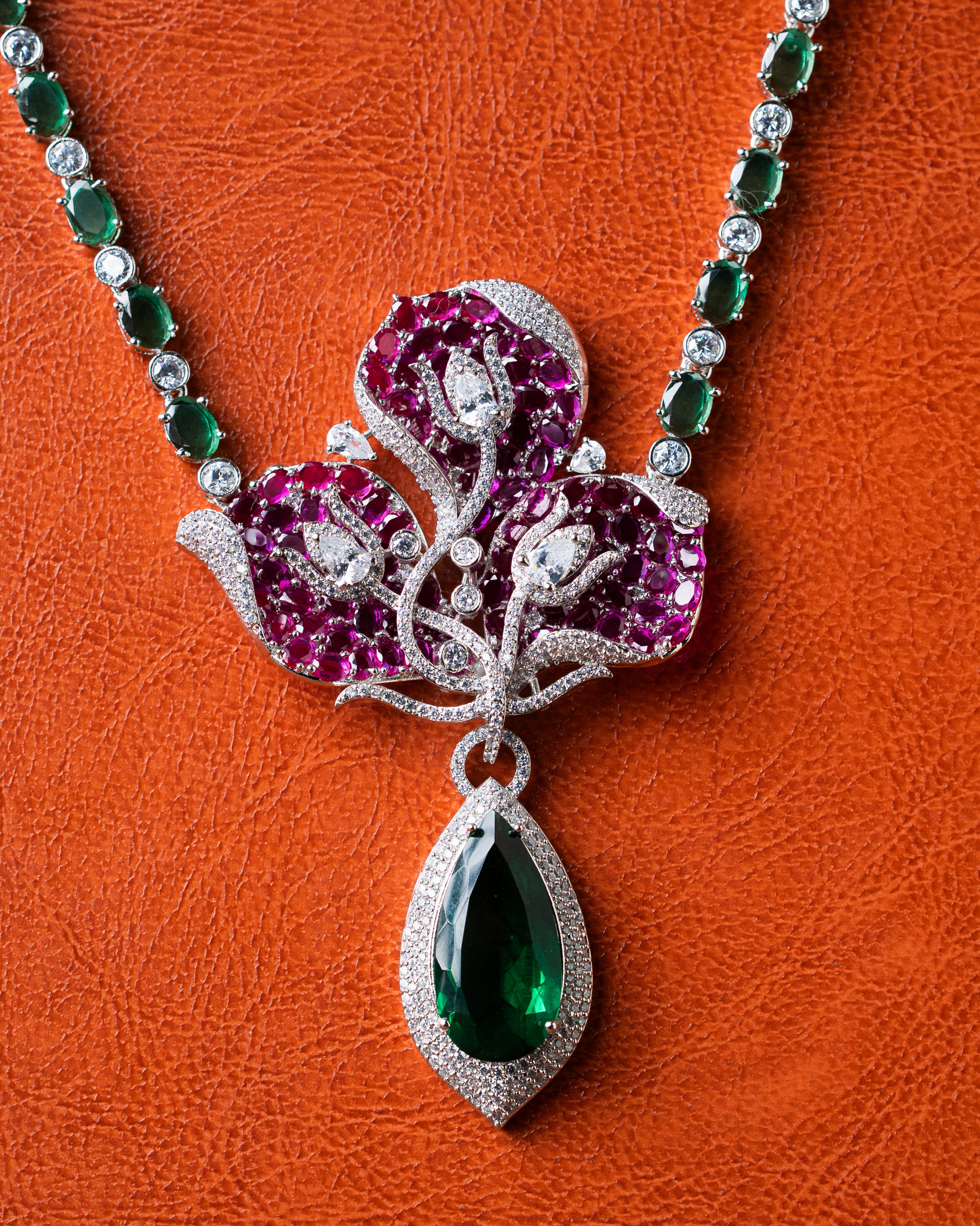 Floral Ruby-Emerald AD Long Necklace Set