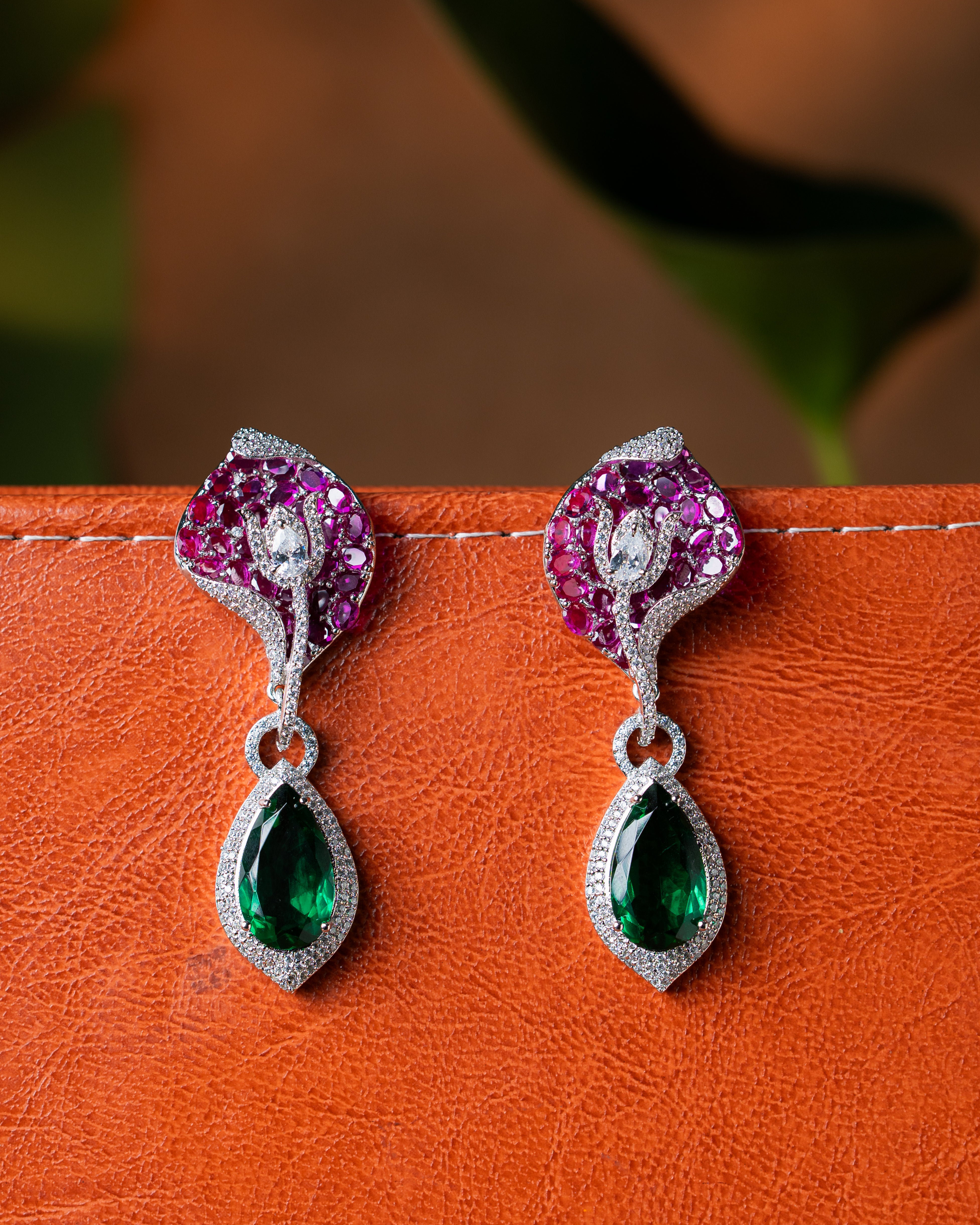 Floral Ruby-Emerald AD Long Necklace Set