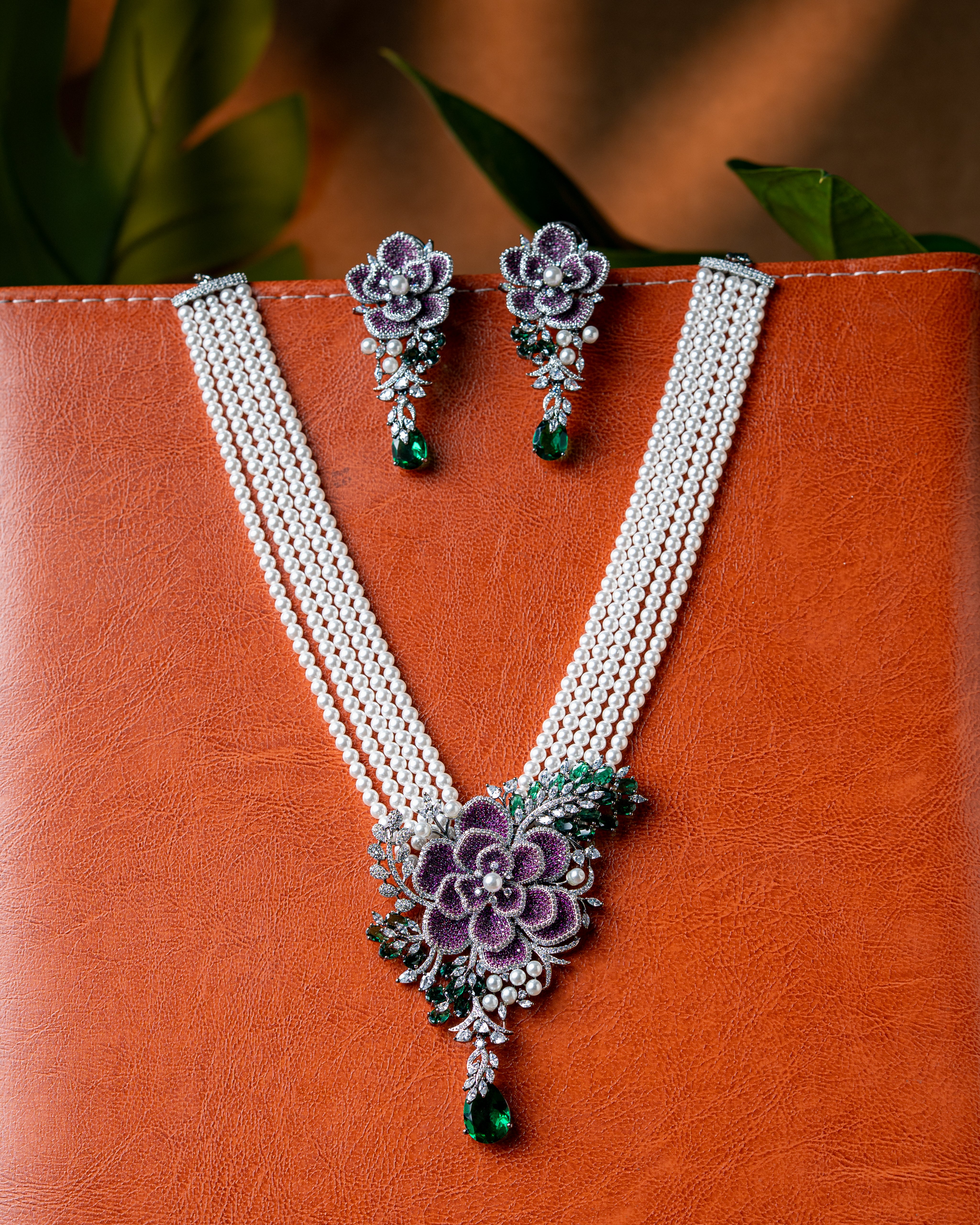 Floral Ruby-Emerald Pearl Long Necklace Set