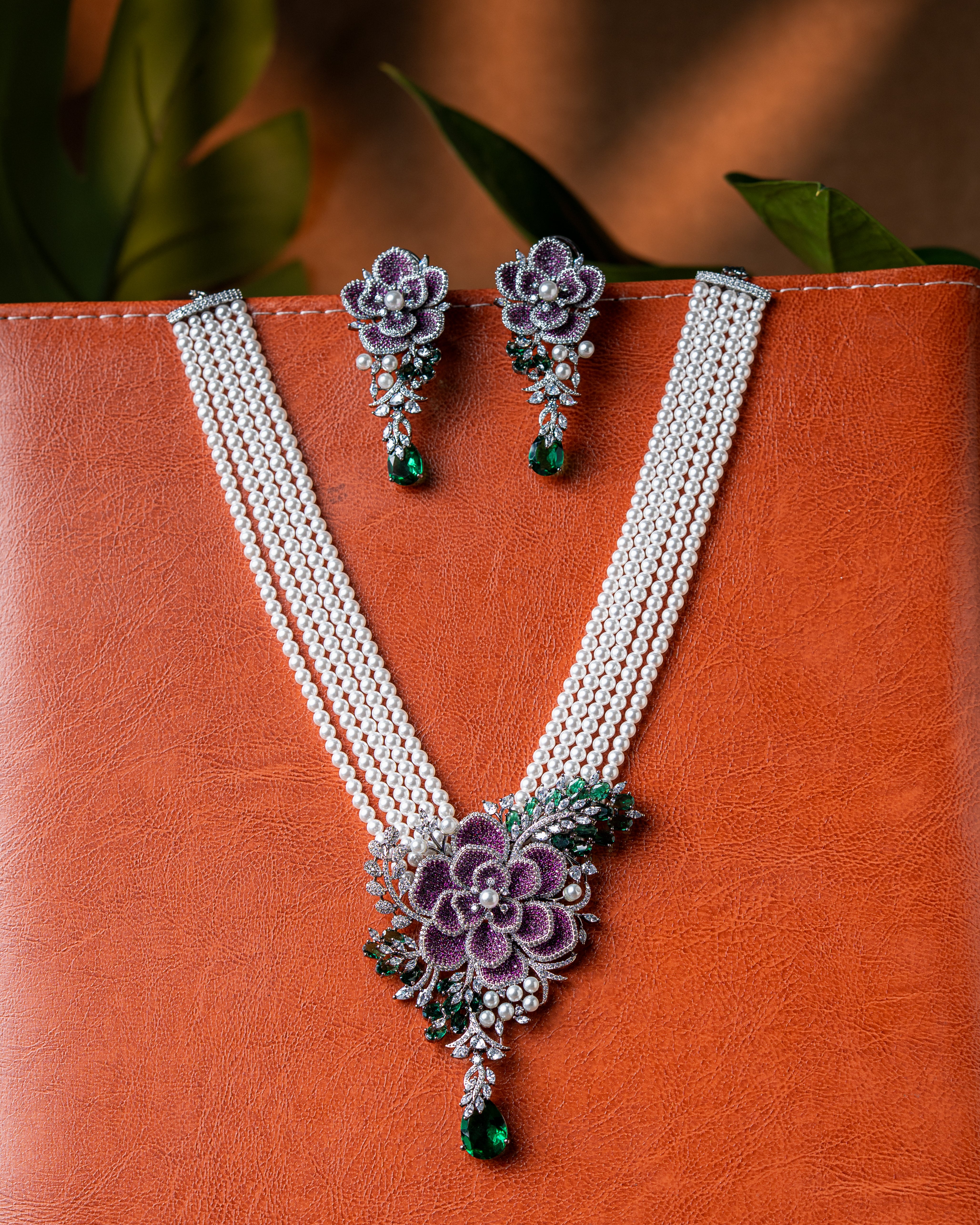 Floral Ruby-Emerald Pearl Long Necklace Set