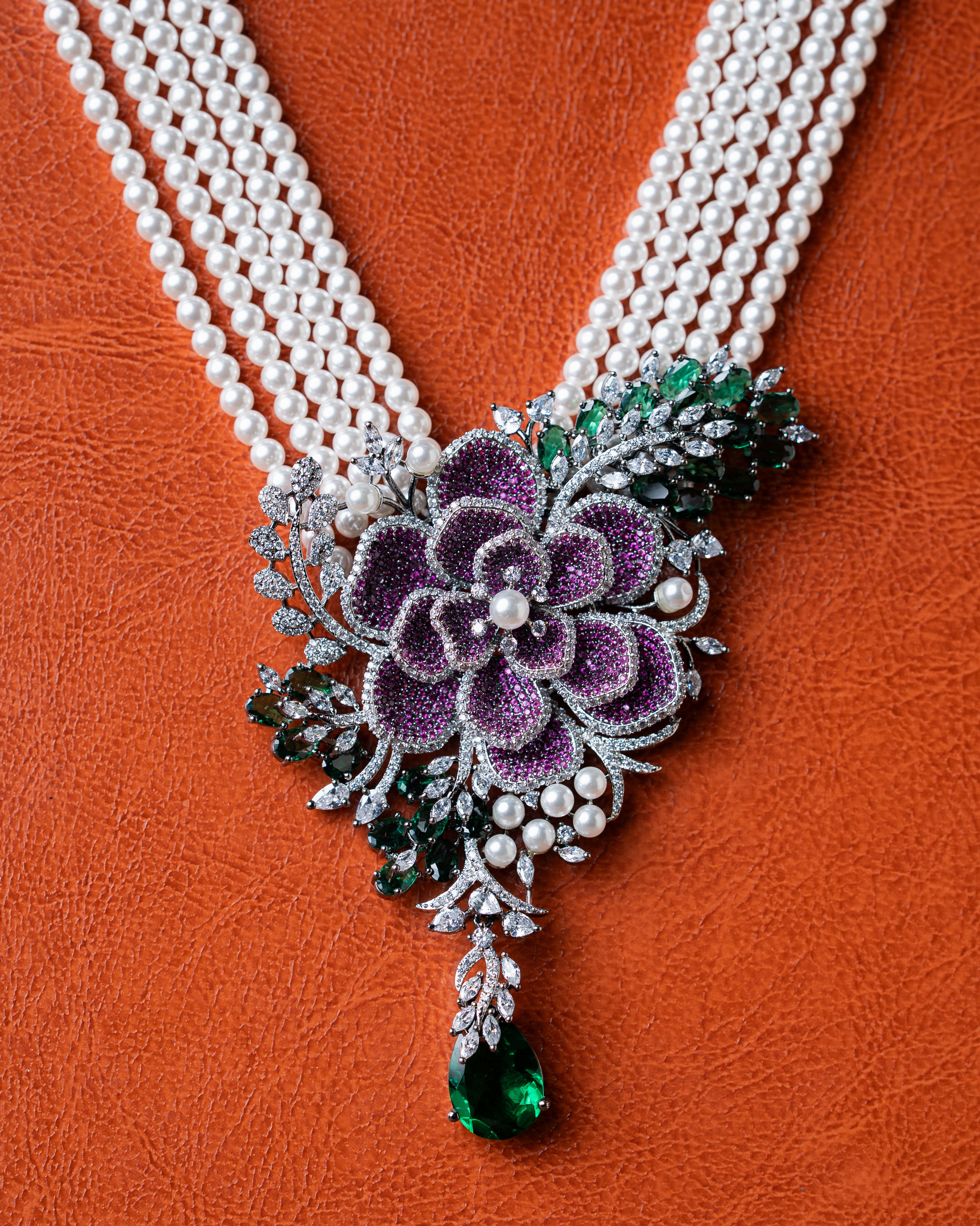 Floral Ruby-Emerald Pearl Long Necklace Set