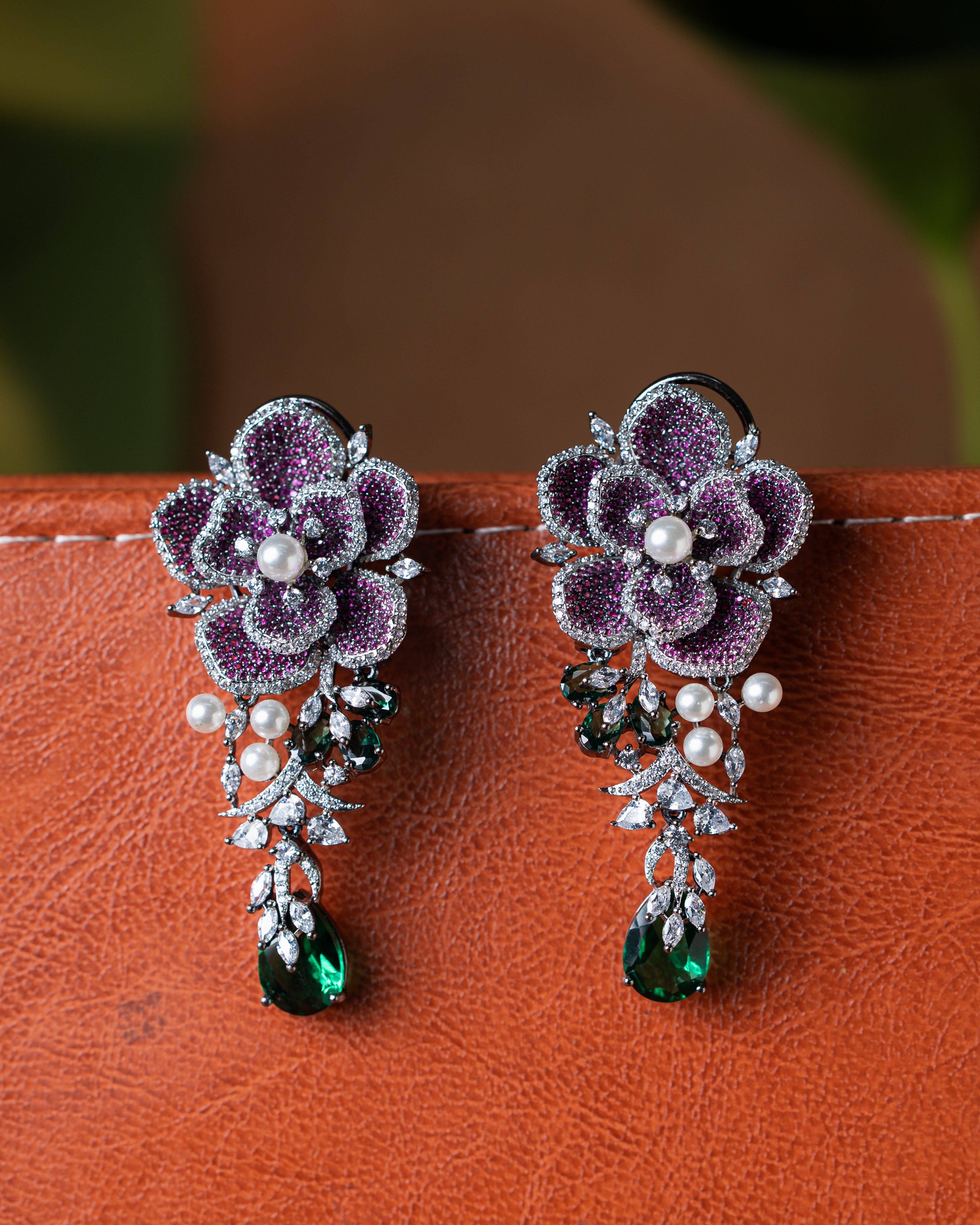 Floral Ruby-Emerald Pearl Long Necklace Set