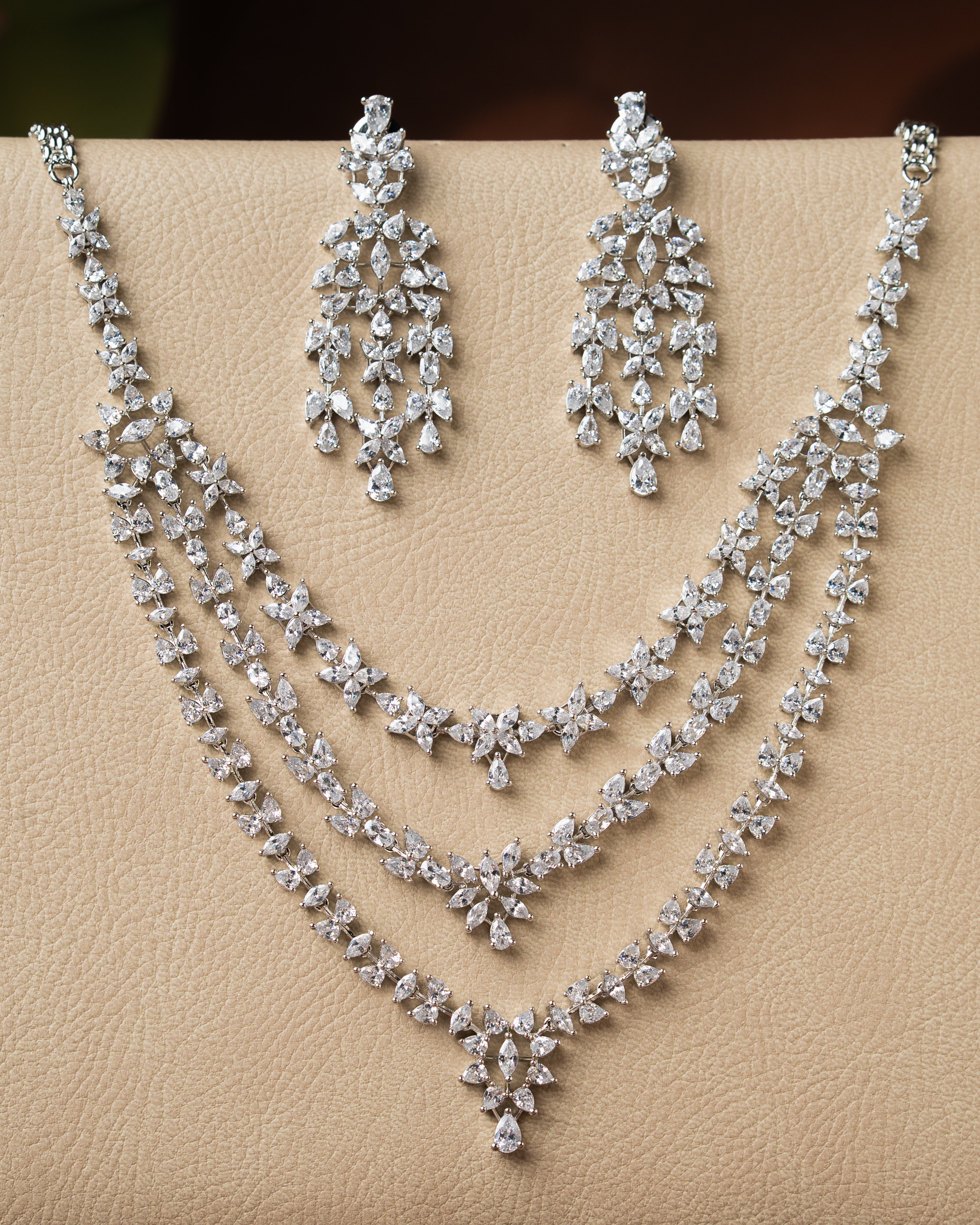 White Zircon Multi Layer Bridal Necklace Set with Earrings
