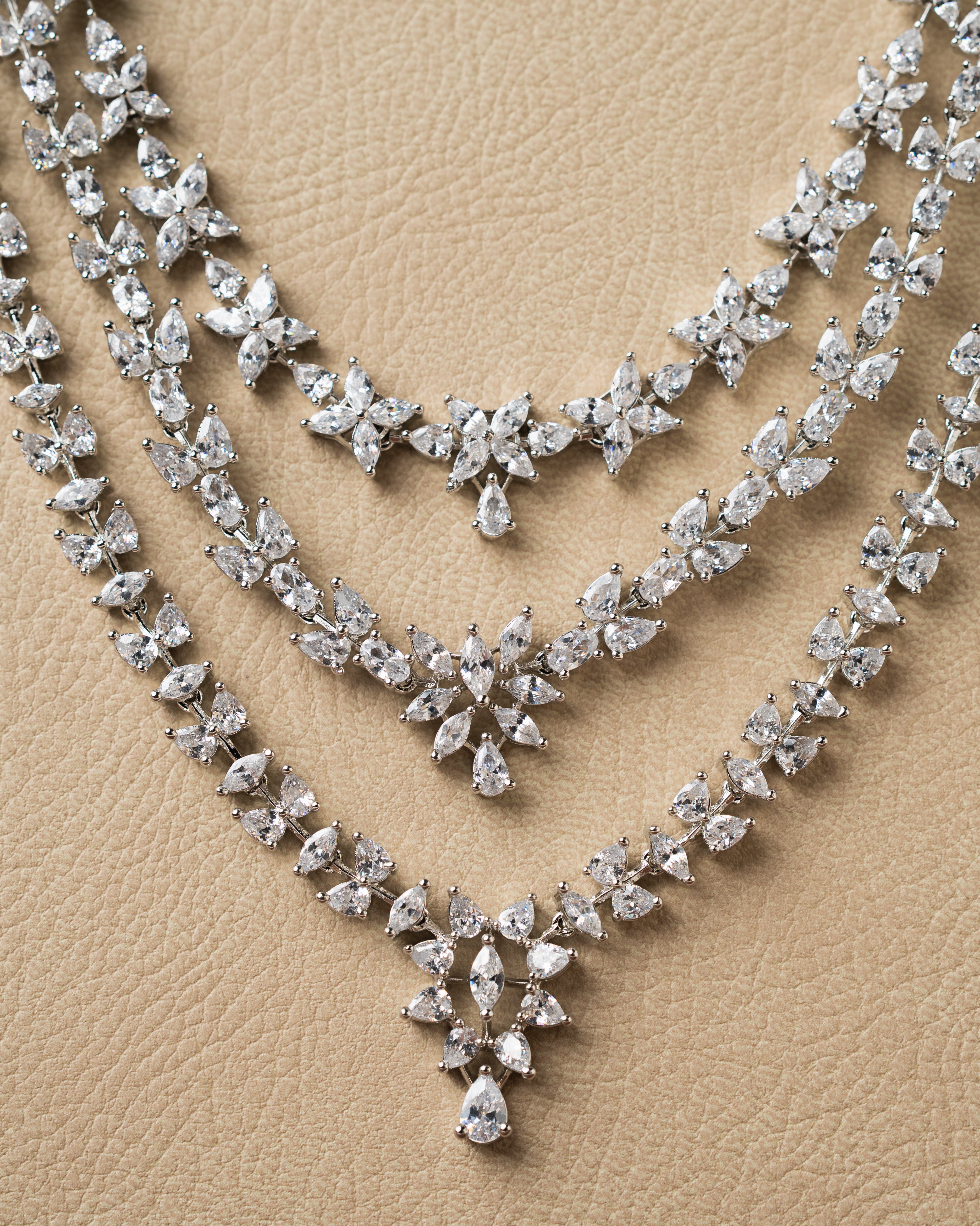 White Zircon Multi Layer Bridal Necklace Set with Earrings