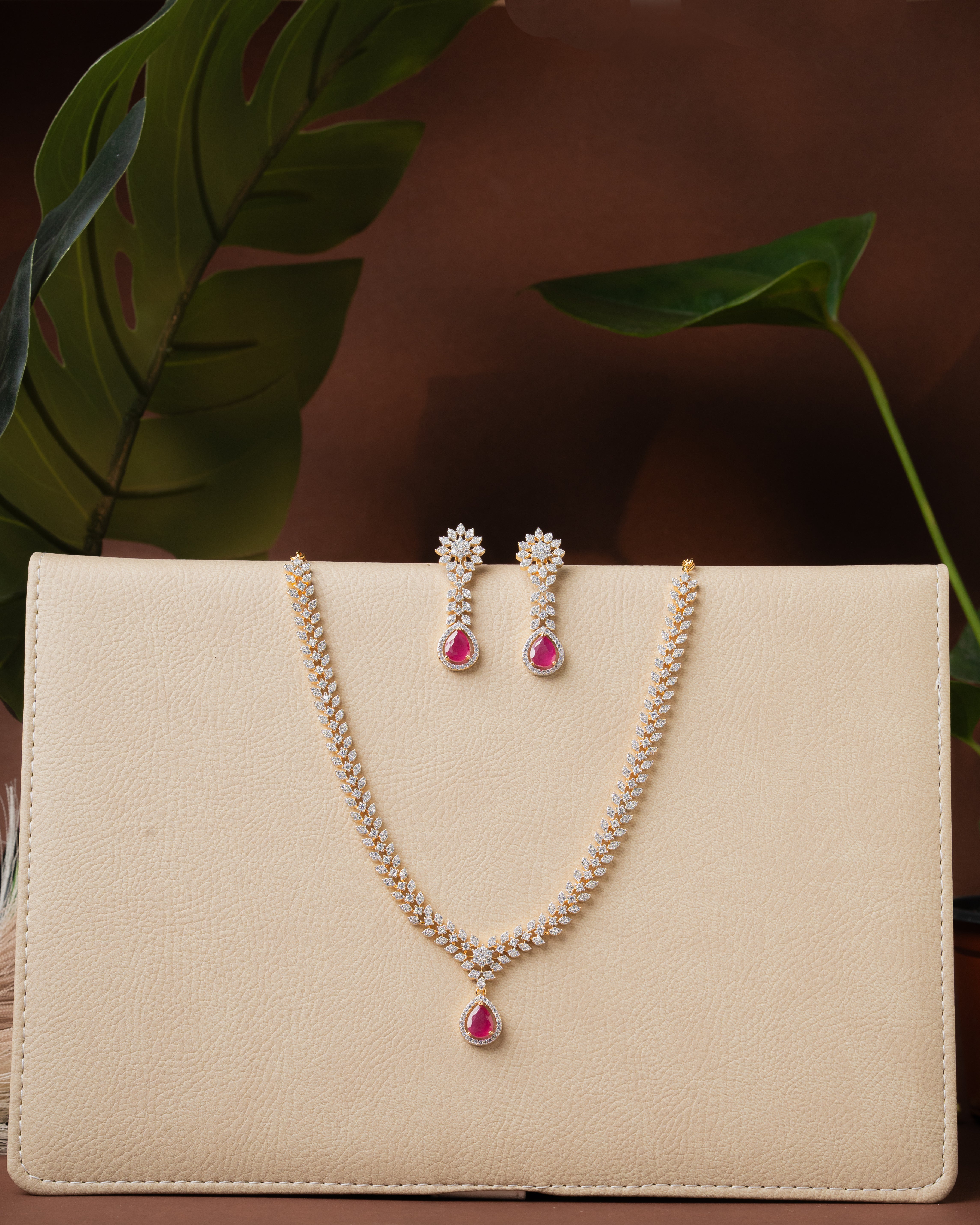 Ruby Drop Zircon Necklace Set  Two Tone Polish