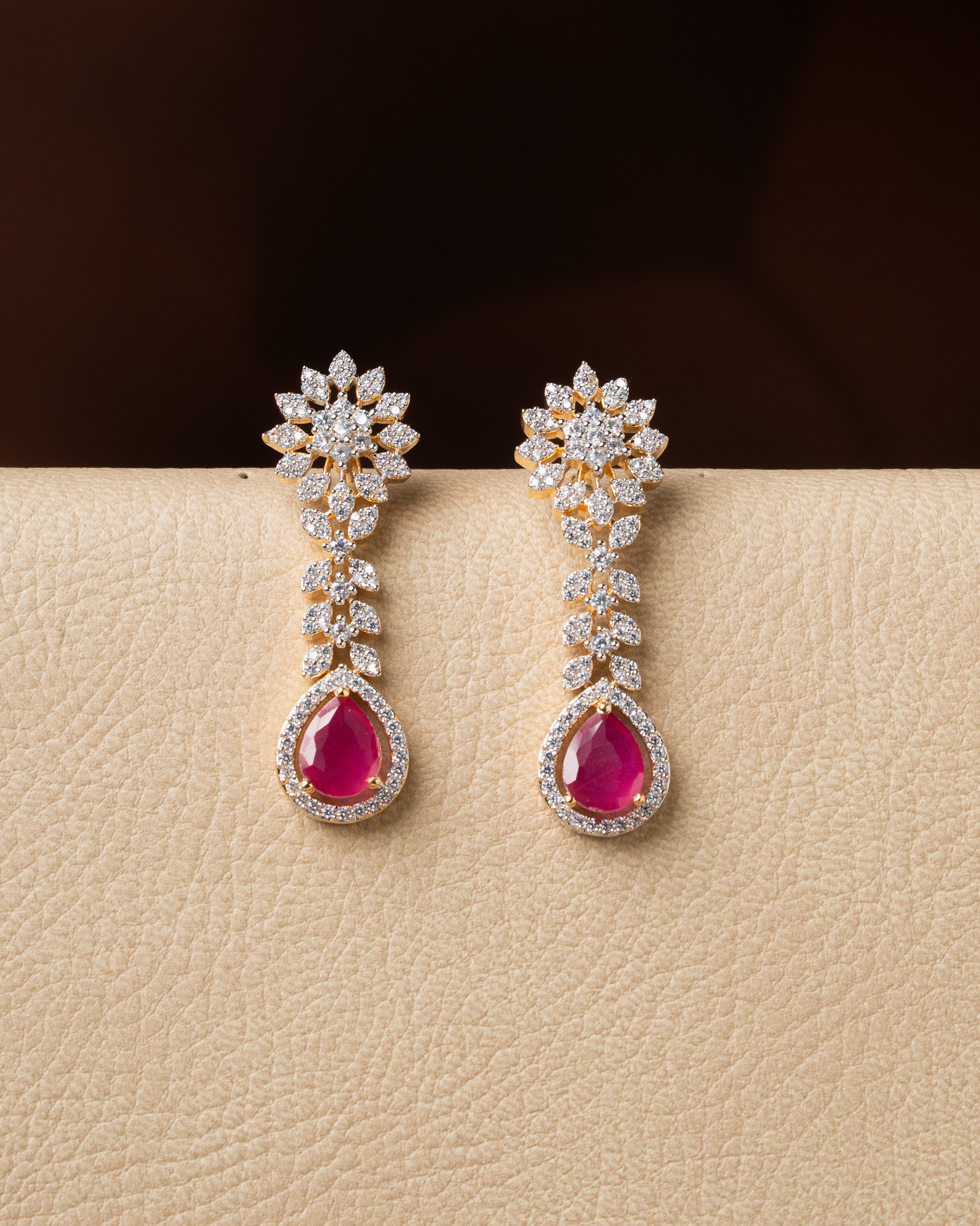 Ruby Drop Zircon Necklace Set  Two Tone Polish
