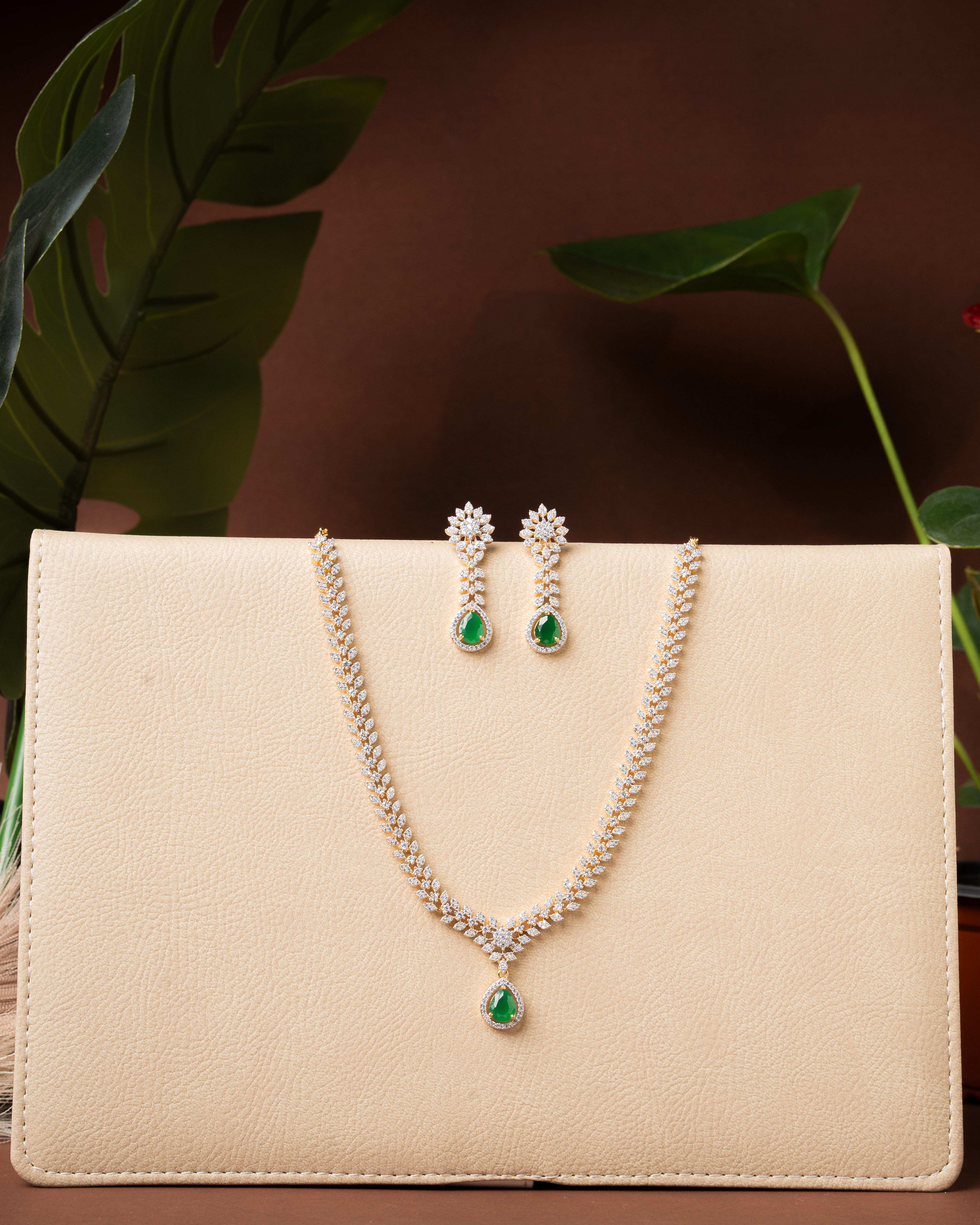 Ruby Drop Zircon Necklace Set  Two Tone Polish