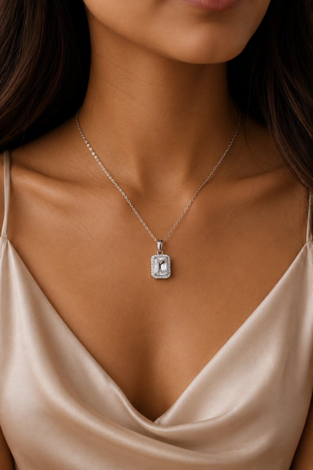 Emerald-Cut Halo Pendant | Premium Lightweight Daily Wear | Anti-Tarnish Finish