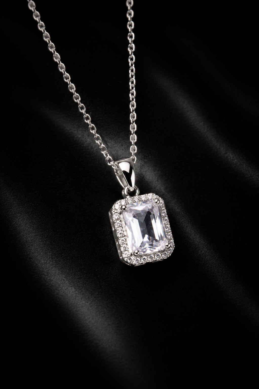 Emerald-Cut Halo Pendant | Premium Lightweight Daily Wear | Anti-Tarnish Finish
