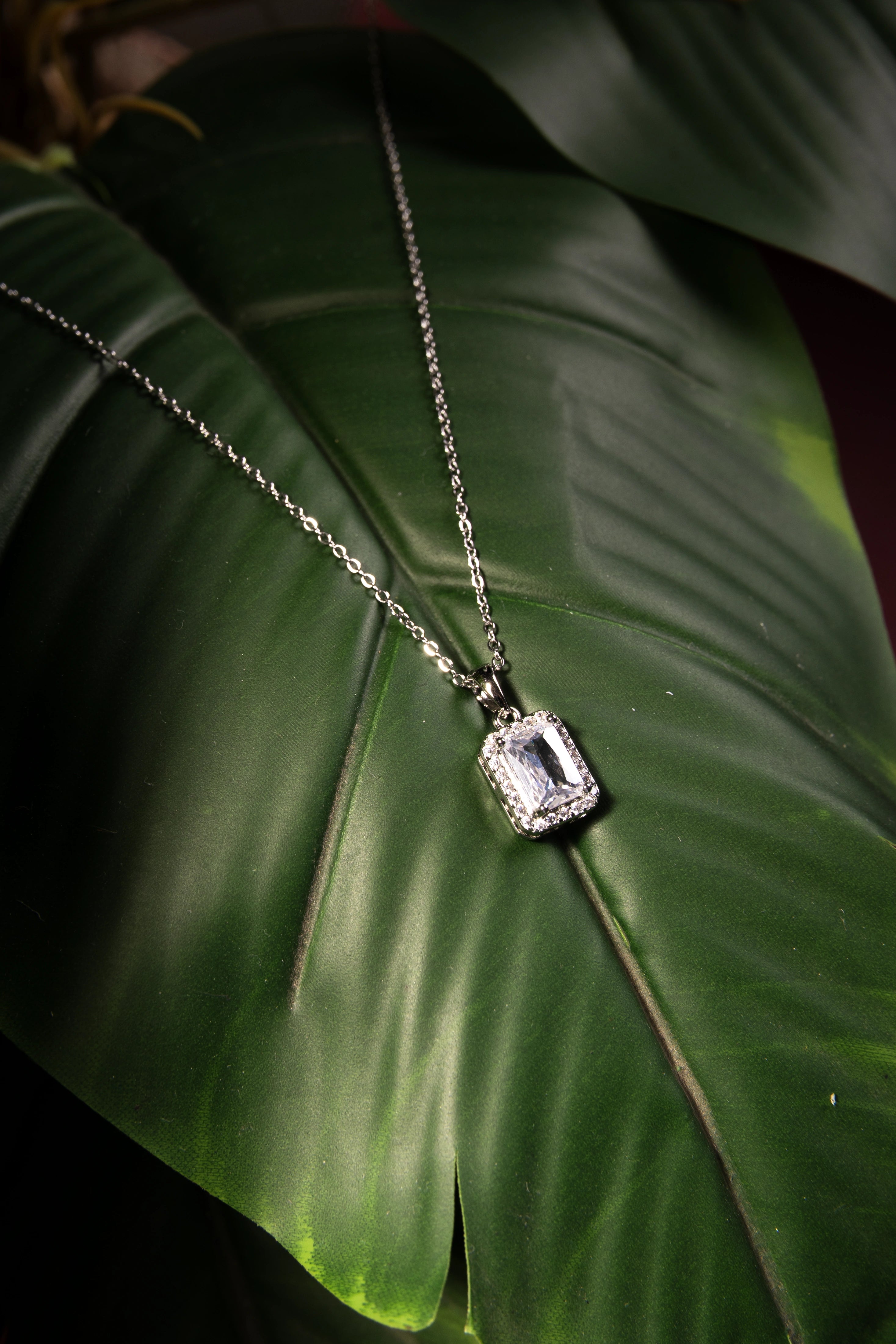 Emerald-Cut Halo Pendant | Premium Lightweight Daily Wear | Anti-Tarnish Finish