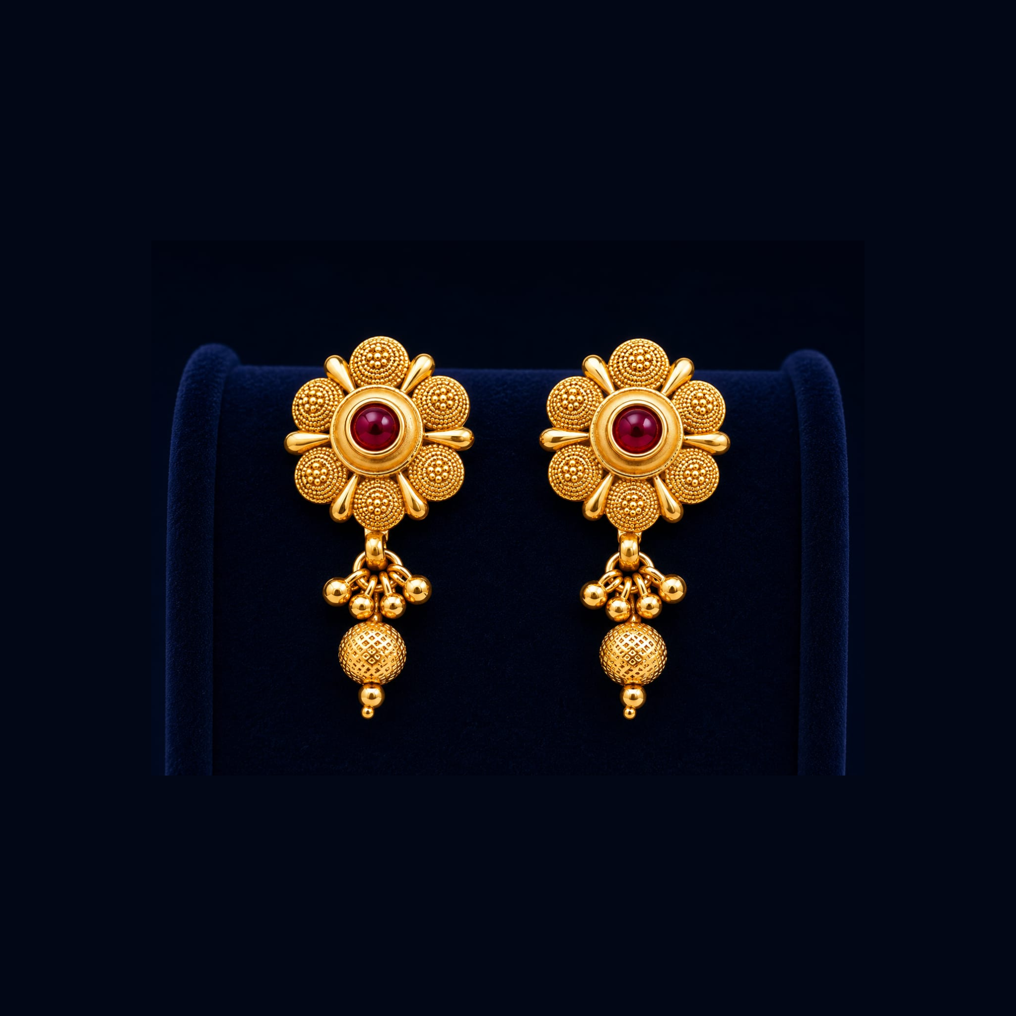 Floral Ruby Drop Earrings | Traditional Antique Gold Design | Classic Ethnic Jewellery