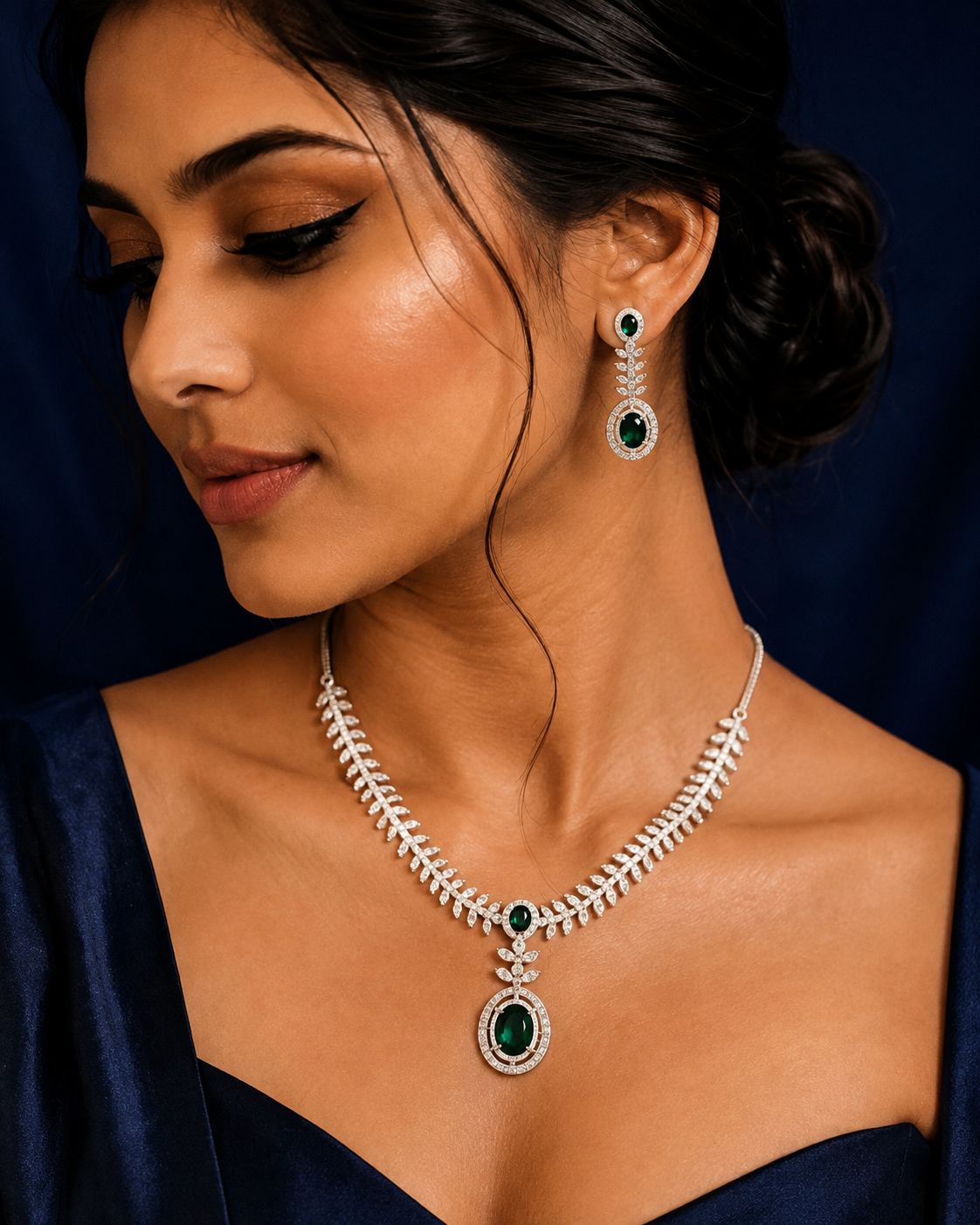 Green Stone Leaf-Link Necklace Set