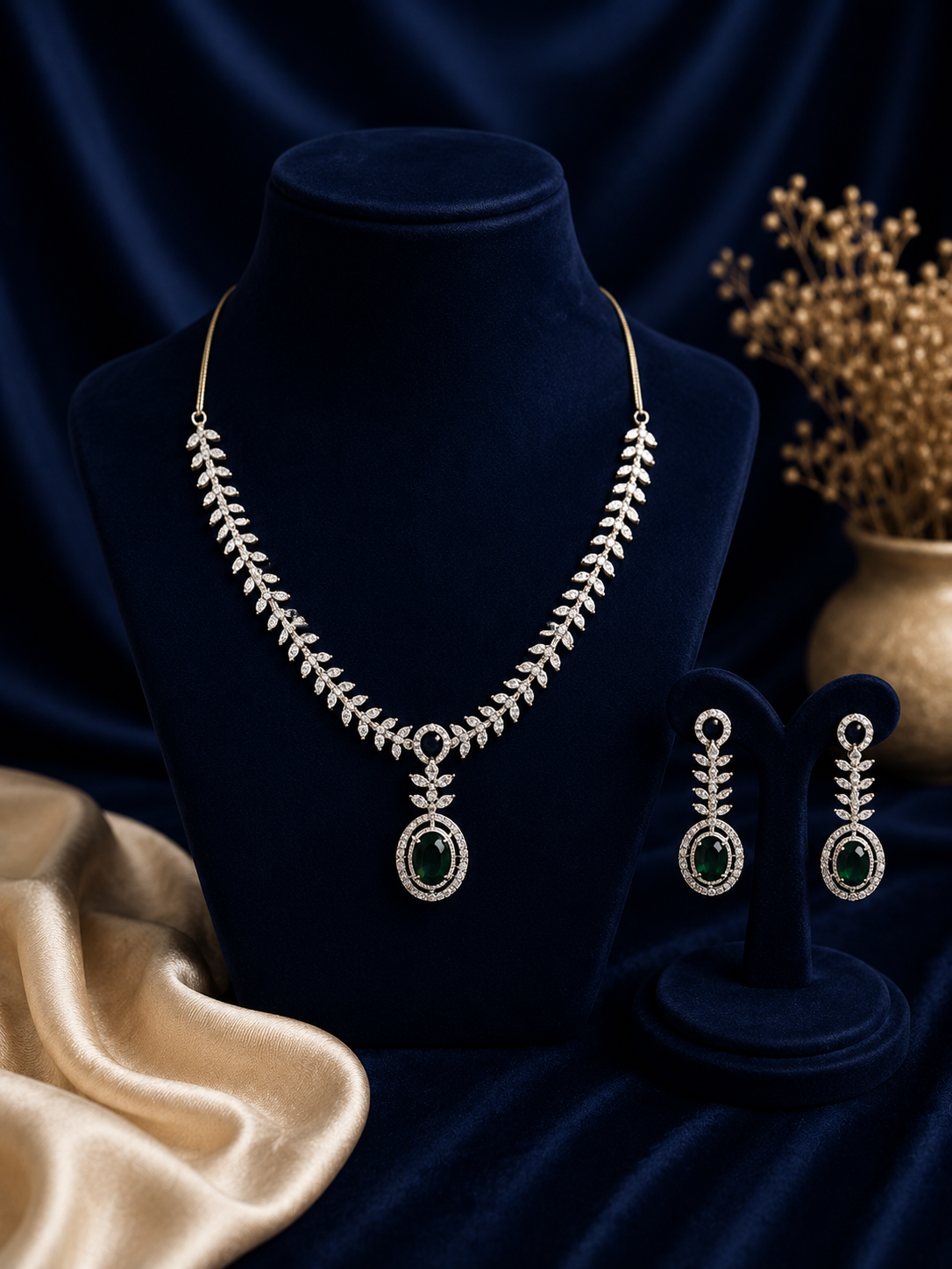 Green Stone Leaf-Link Necklace Set