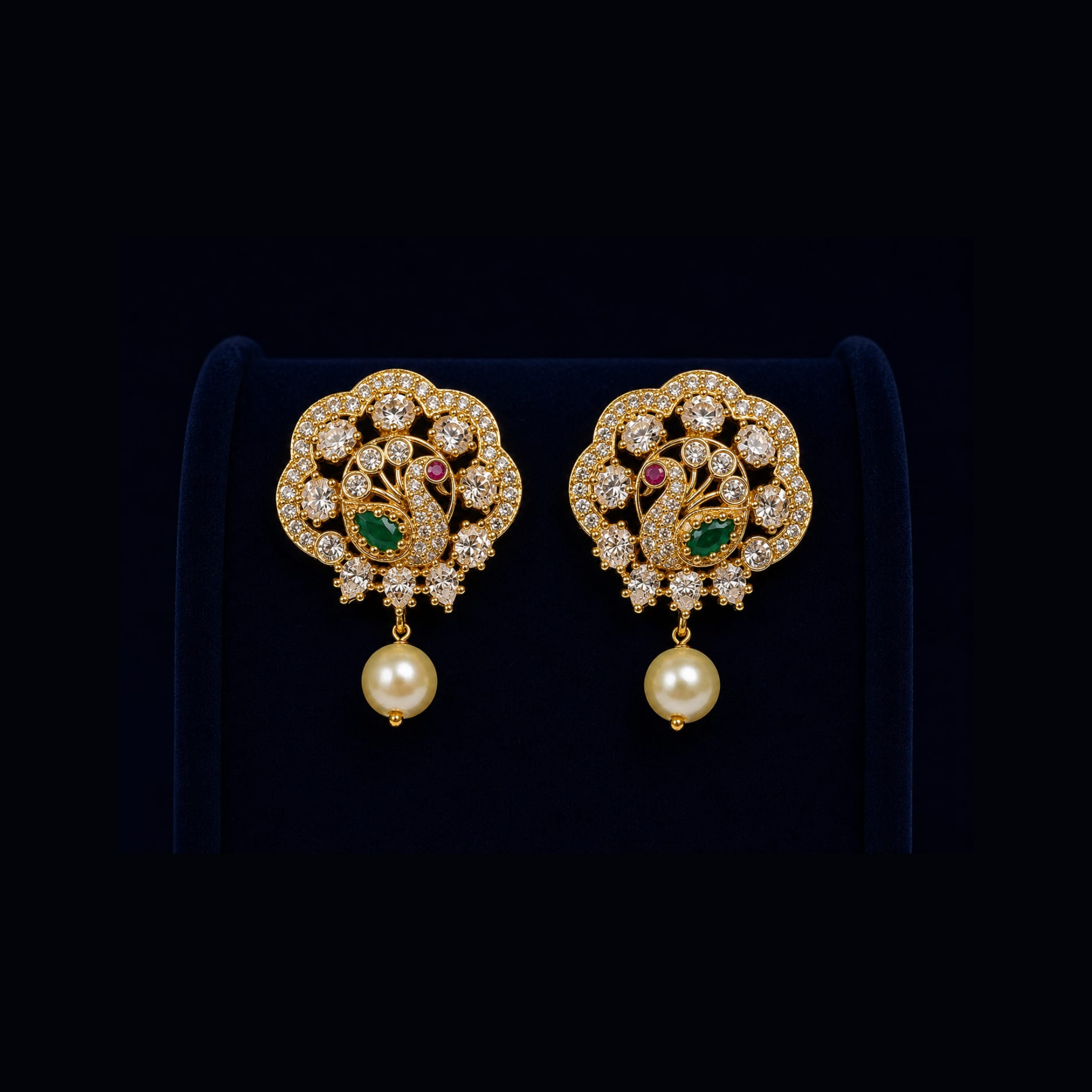 Peacock Pearl Stud Earrings | Traditional CZ Stone Design | Premium Ethnic Jewellery